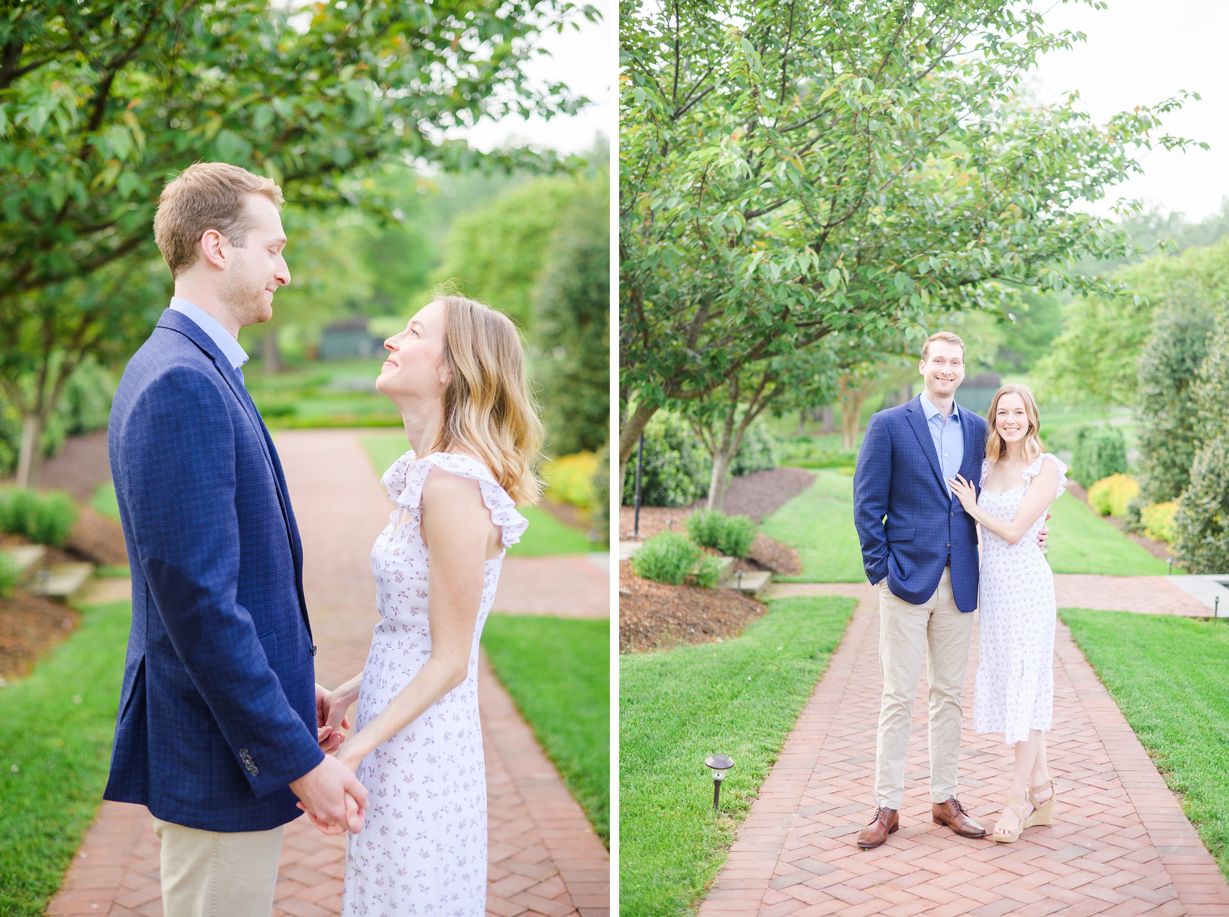 Engaged Couple smiles in the garden at Belmont Manor during a rainy sunset engagement photographed by Baltimore Wedding Photographer Cait Kramer