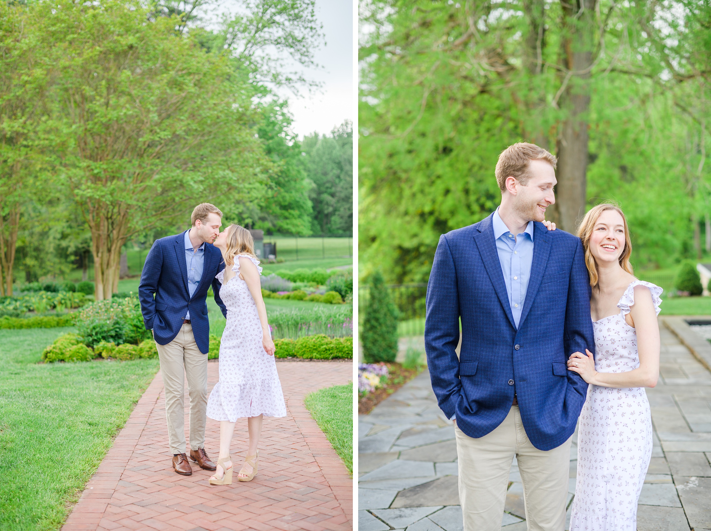 Engaged Couple smiles in the garden at Belmont Manor during a rainy sunset engagement photographed by Baltimore Wedding Photographer Cait Kramer