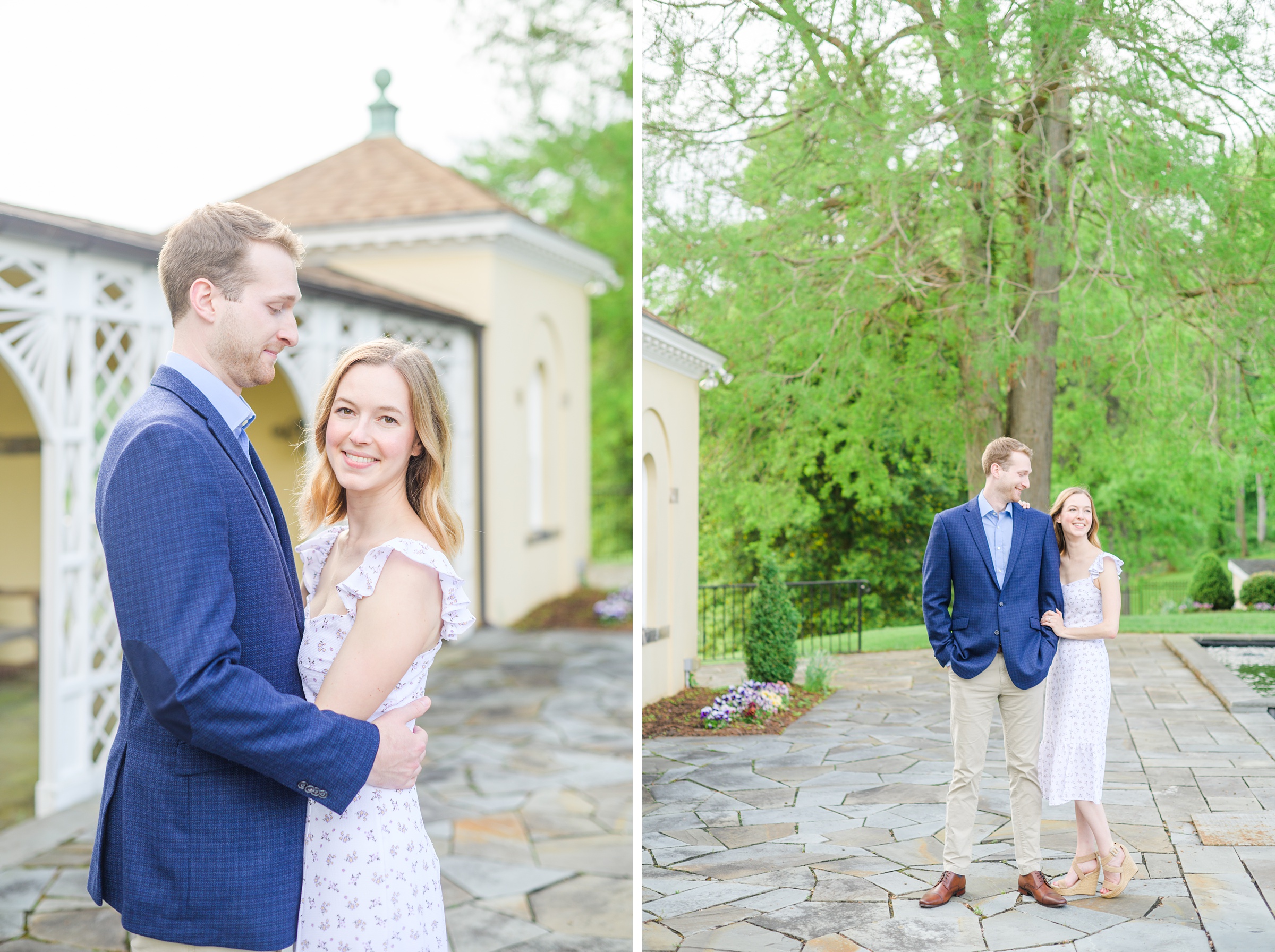 Engaged Couple smiles in the garden at Belmont Manor during a rainy sunset engagement photographed by Baltimore Wedding Photographer Cait Kramer