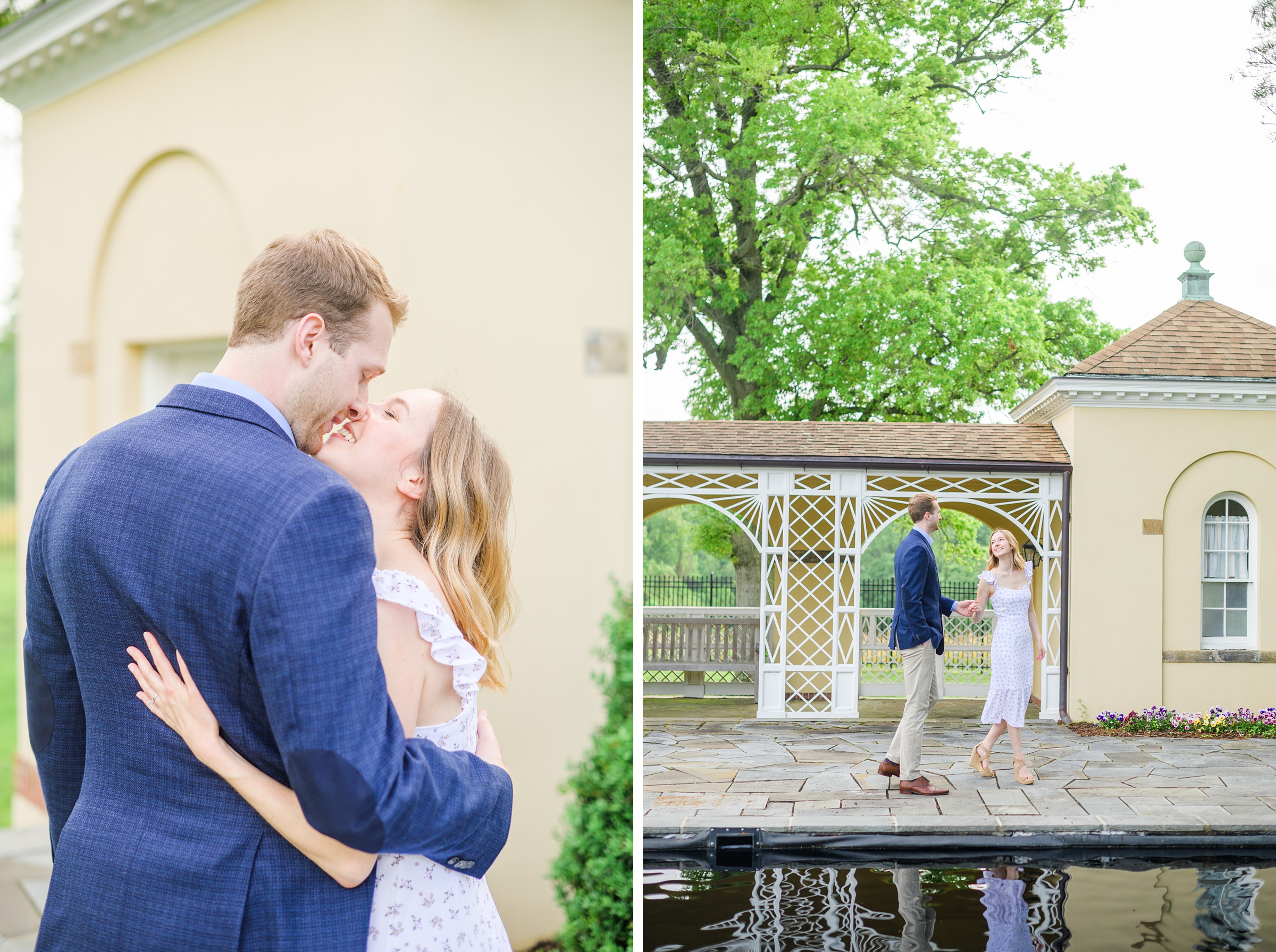 Engaged Couple smiles in the garden at Belmont Manor during a rainy sunset engagement photographed by Baltimore Wedding Photographer Cait Kramer