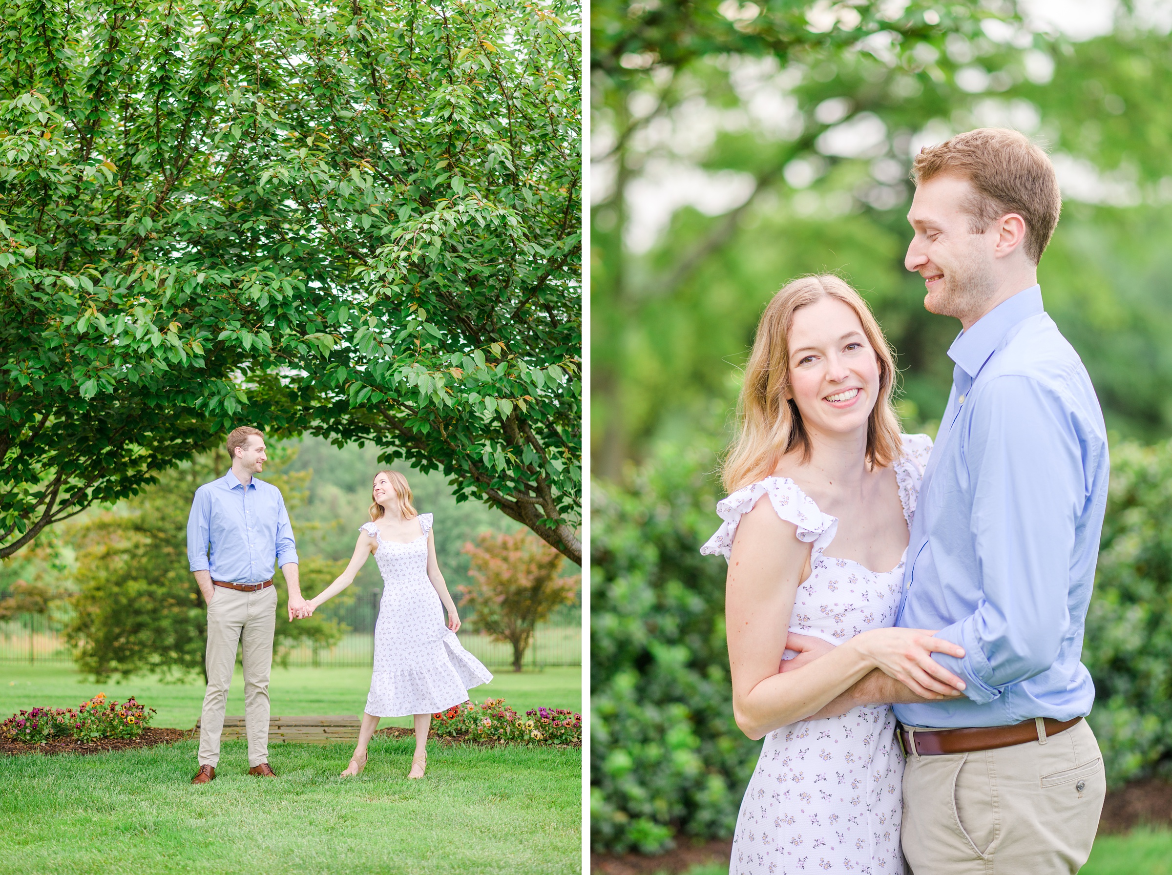 Engaged Couple smiles in the garden at Belmont Manor during a rainy sunset engagement photographed by Baltimore Wedding Photographer Cait Kramer