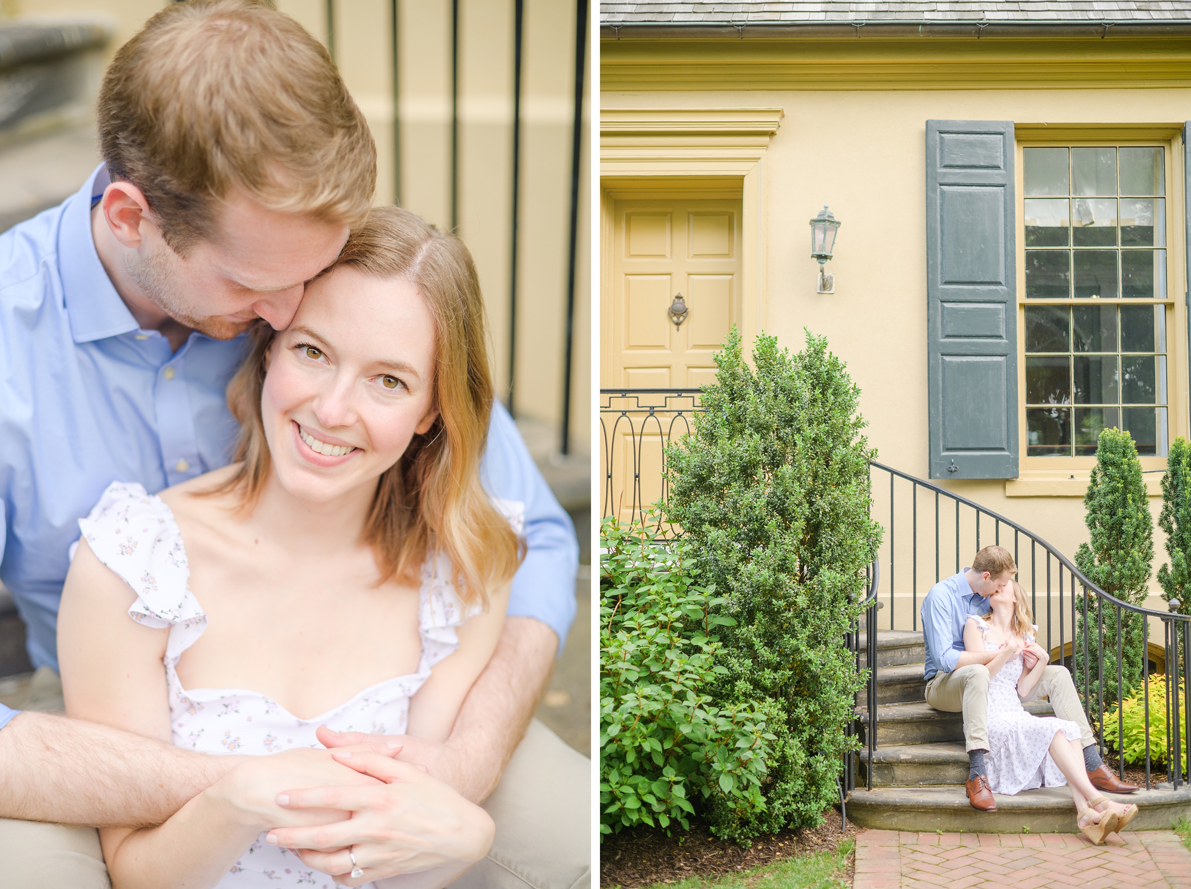 Engaged Couple poses on the steps at Belmont Manor during a rainy sunset engagement photographed by Baltimore Wedding Photographer Cait Kramer