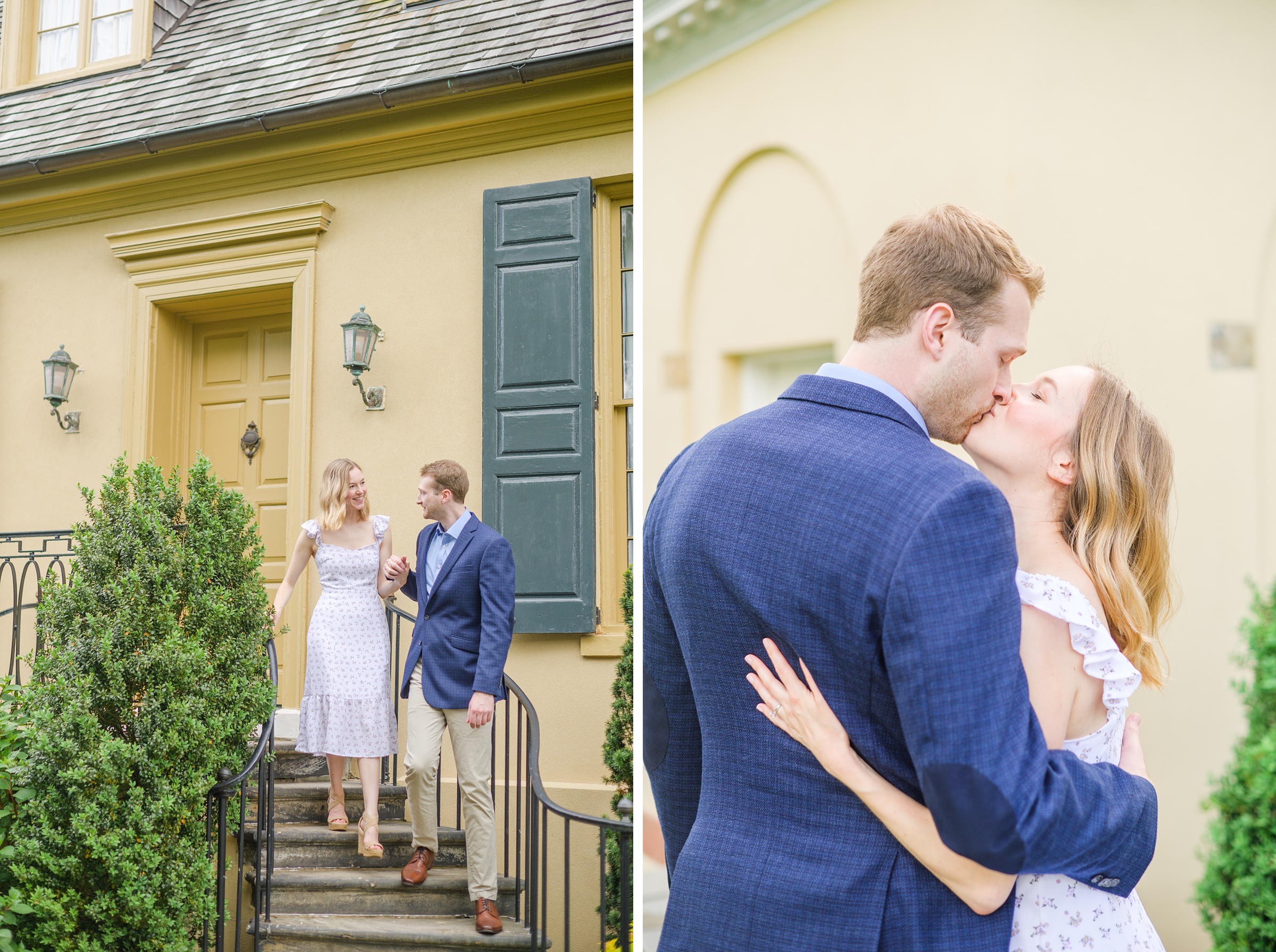 Engaged Couple poses on the steps at Belmont Manor during a rainy sunset engagement photographed by Baltimore Wedding Photographer Cait Kramer