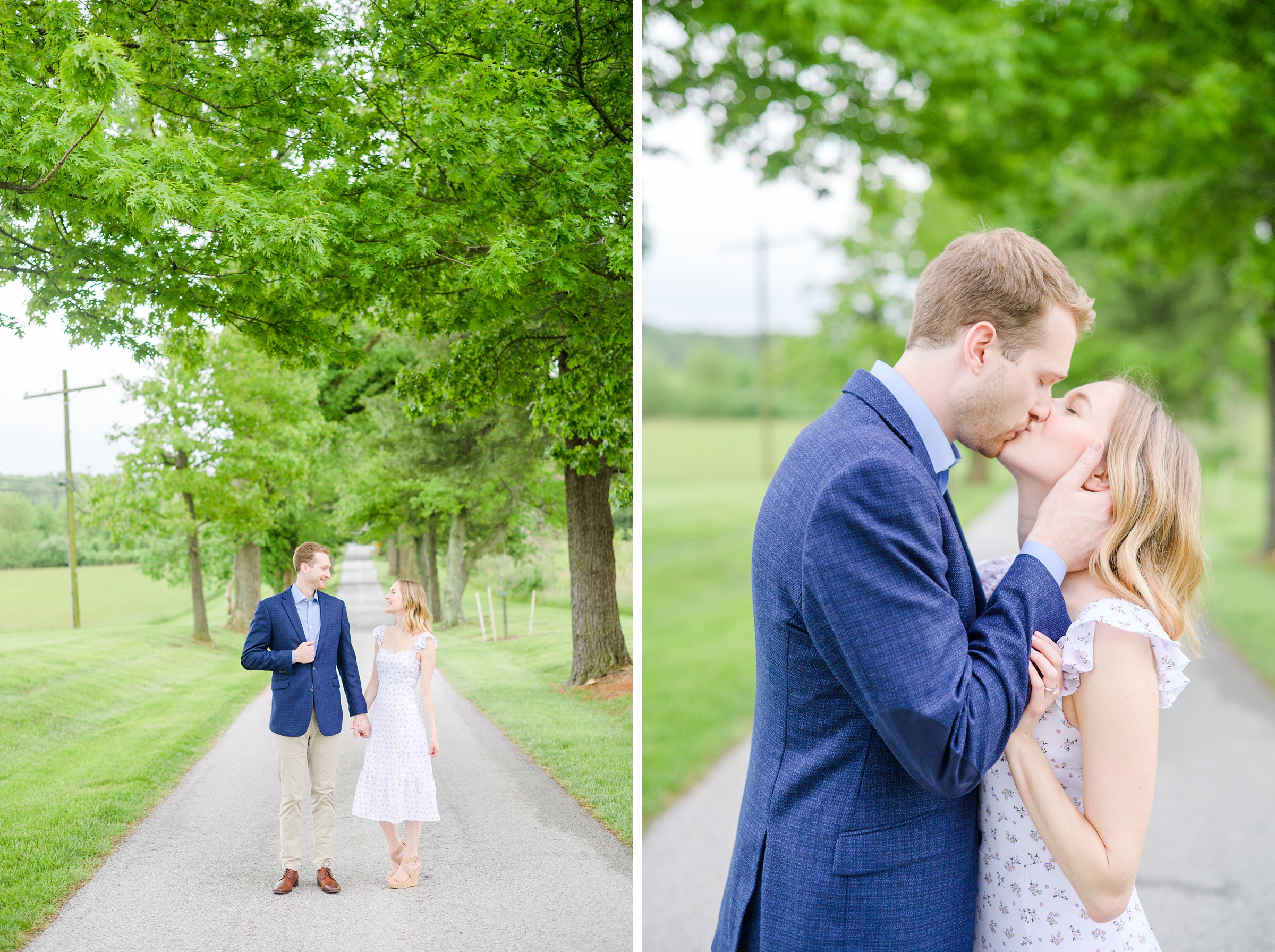 Engaged Couple poses on the treelined driveway at Belmont Manor during a rainy sunset engagement photographed by Baltimore Wedding Photographer Cait Kramer