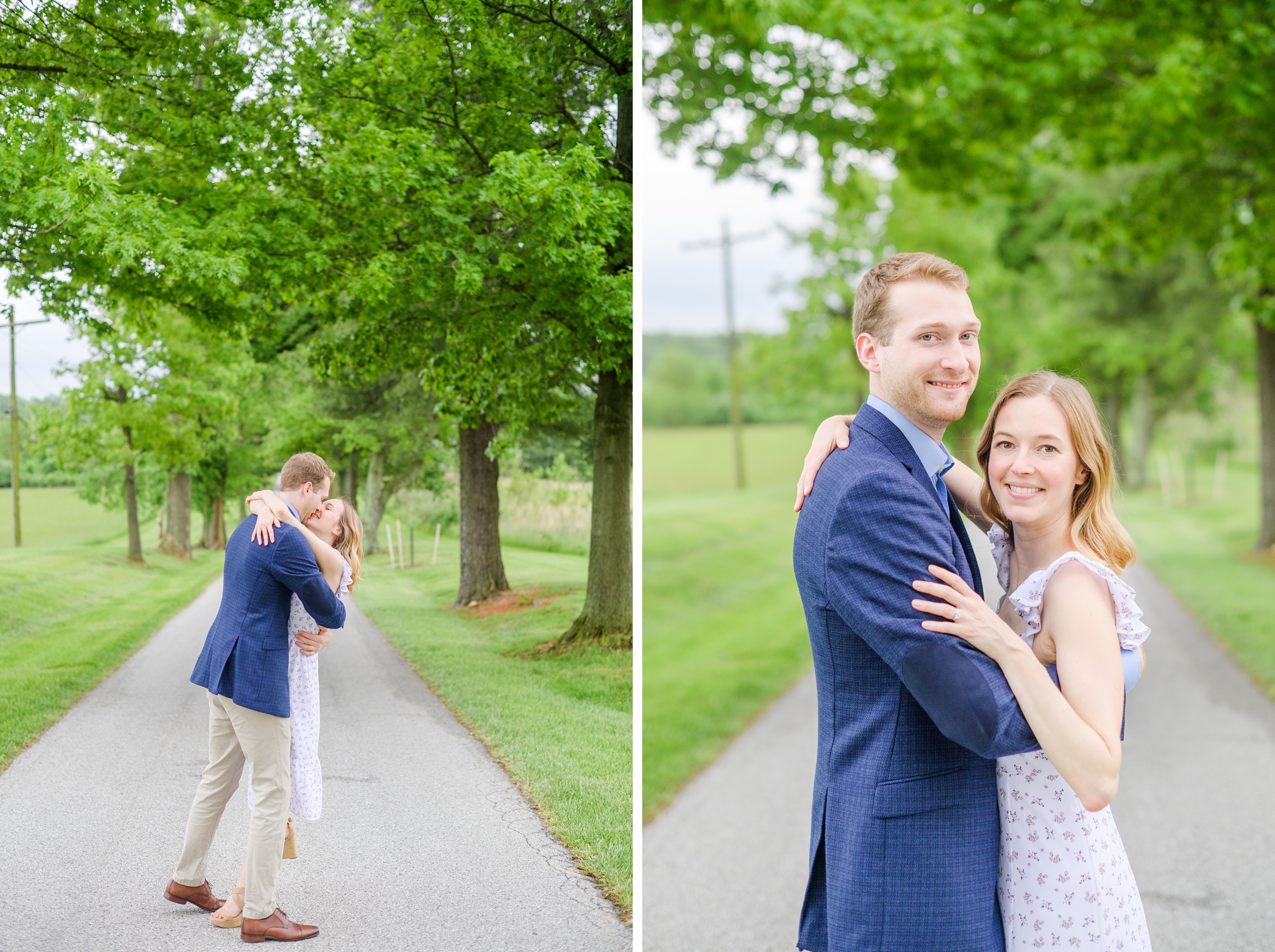 Engaged Couple poses on the treelined driveway at Belmont Manor during a rainy sunset engagement photographed by Baltimore Wedding Photographer Cait Kramer