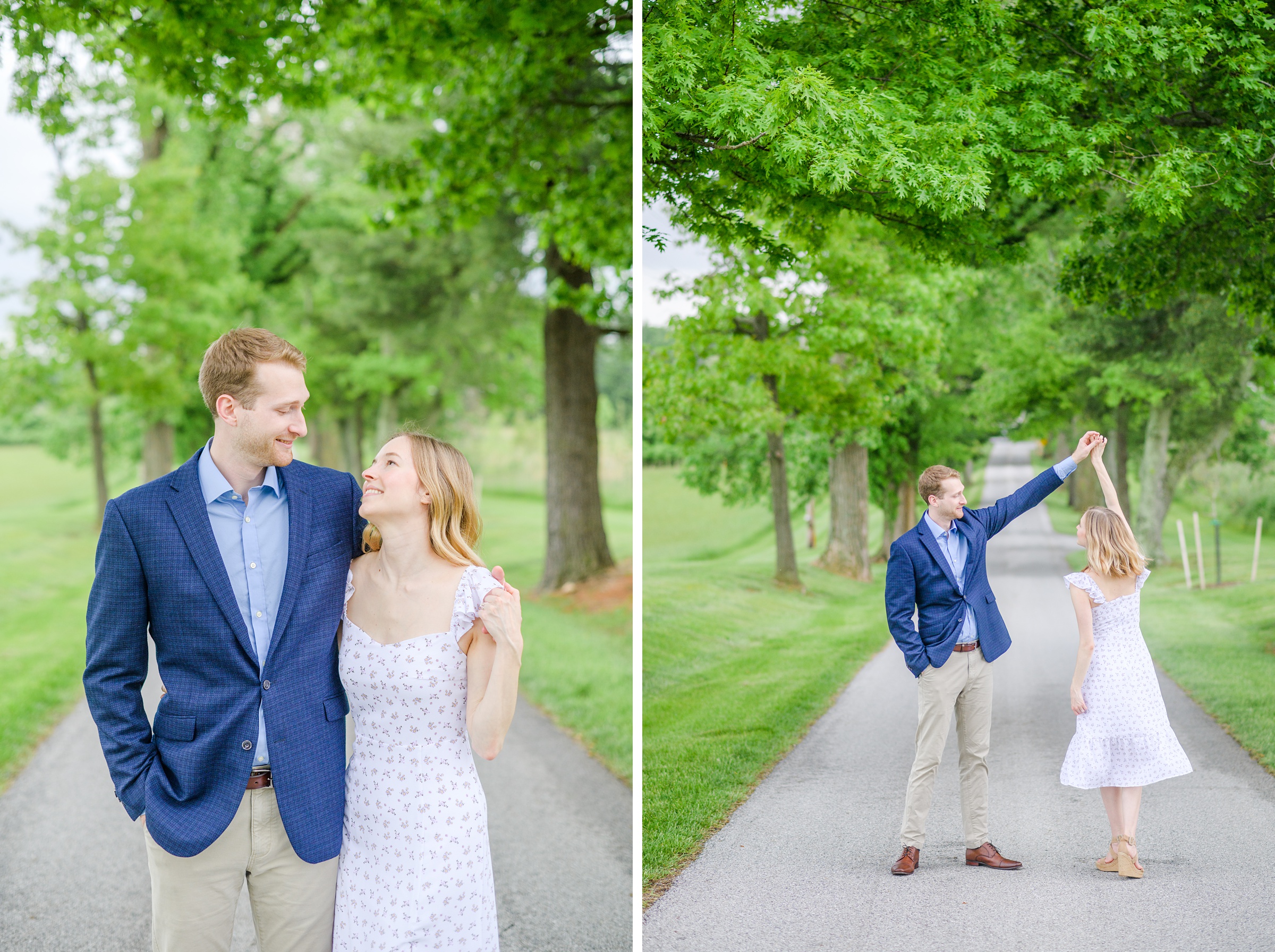 Engaged Couple poses on the treelined driveway at Belmont Manor during a rainy sunset engagement photographed by Baltimore Wedding Photographer Cait Kramer