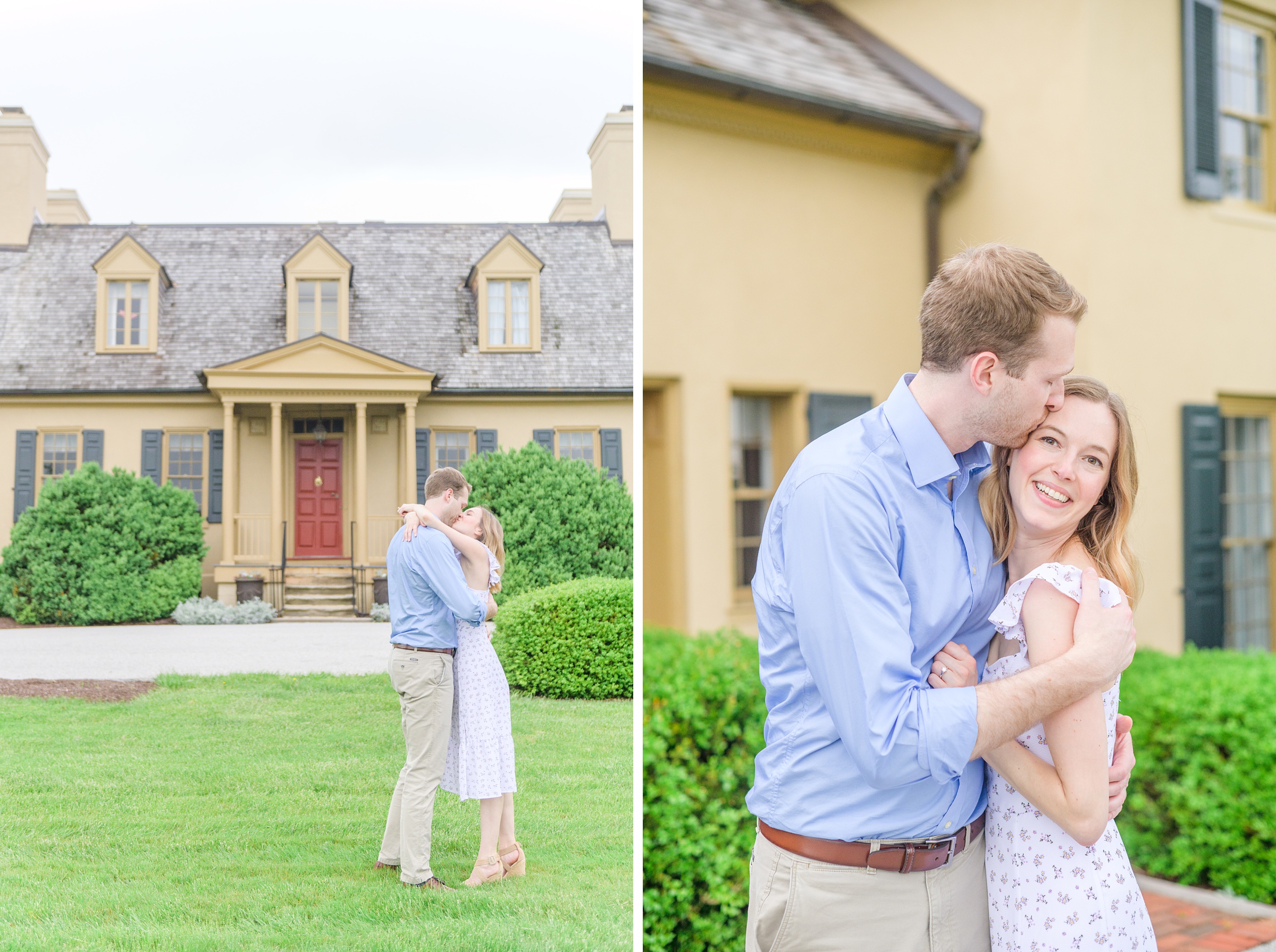 Engaged Couple poses on the lawn at Belmont Manor during a rainy sunset engagement photographed by Baltimore Wedding Photographer Cait Kramer