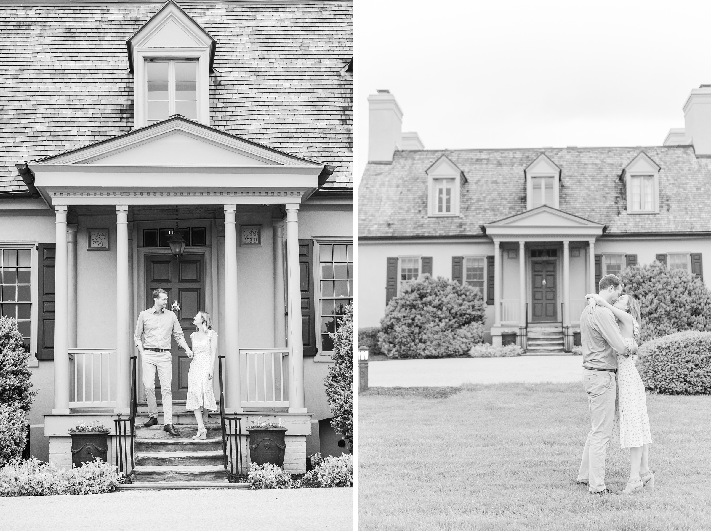 Engaged Couple poses on the lawn at Belmont Manor during a rainy sunset engagement photographed by Baltimore Wedding Photographer Cait Kramer