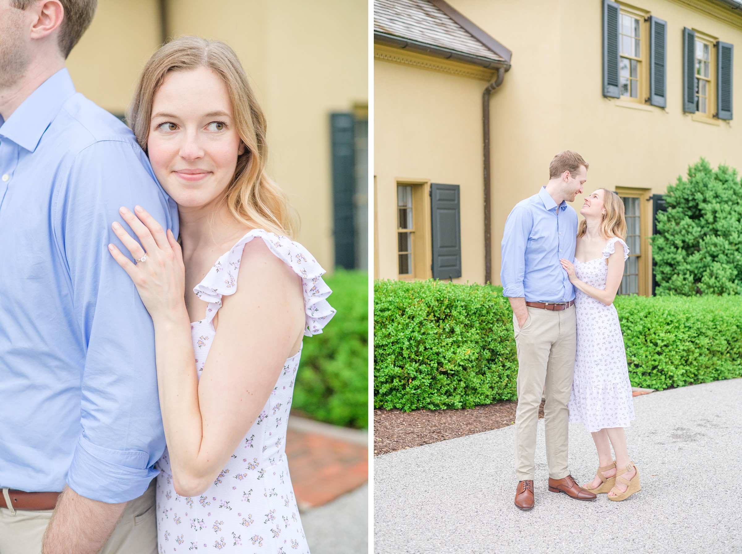 Engaged Couple poses on the lawn at Belmont Manor during a rainy sunset engagement photographed by Baltimore Wedding Photographer Cait Kramer
