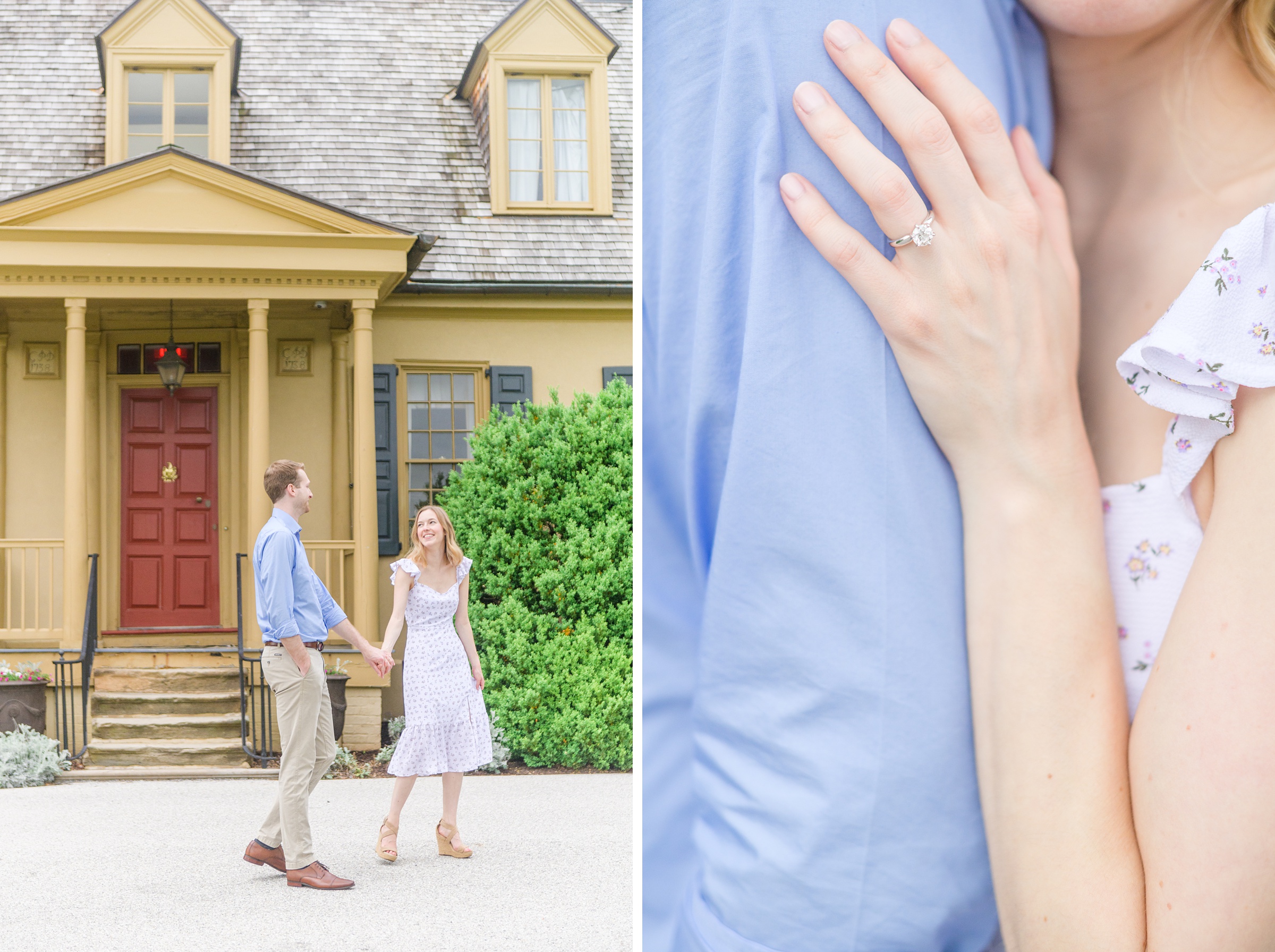 Engaged Couple poses on the lawn at Belmont Manor during a rainy sunset engagement photographed by Baltimore Wedding Photographer Cait Kramer