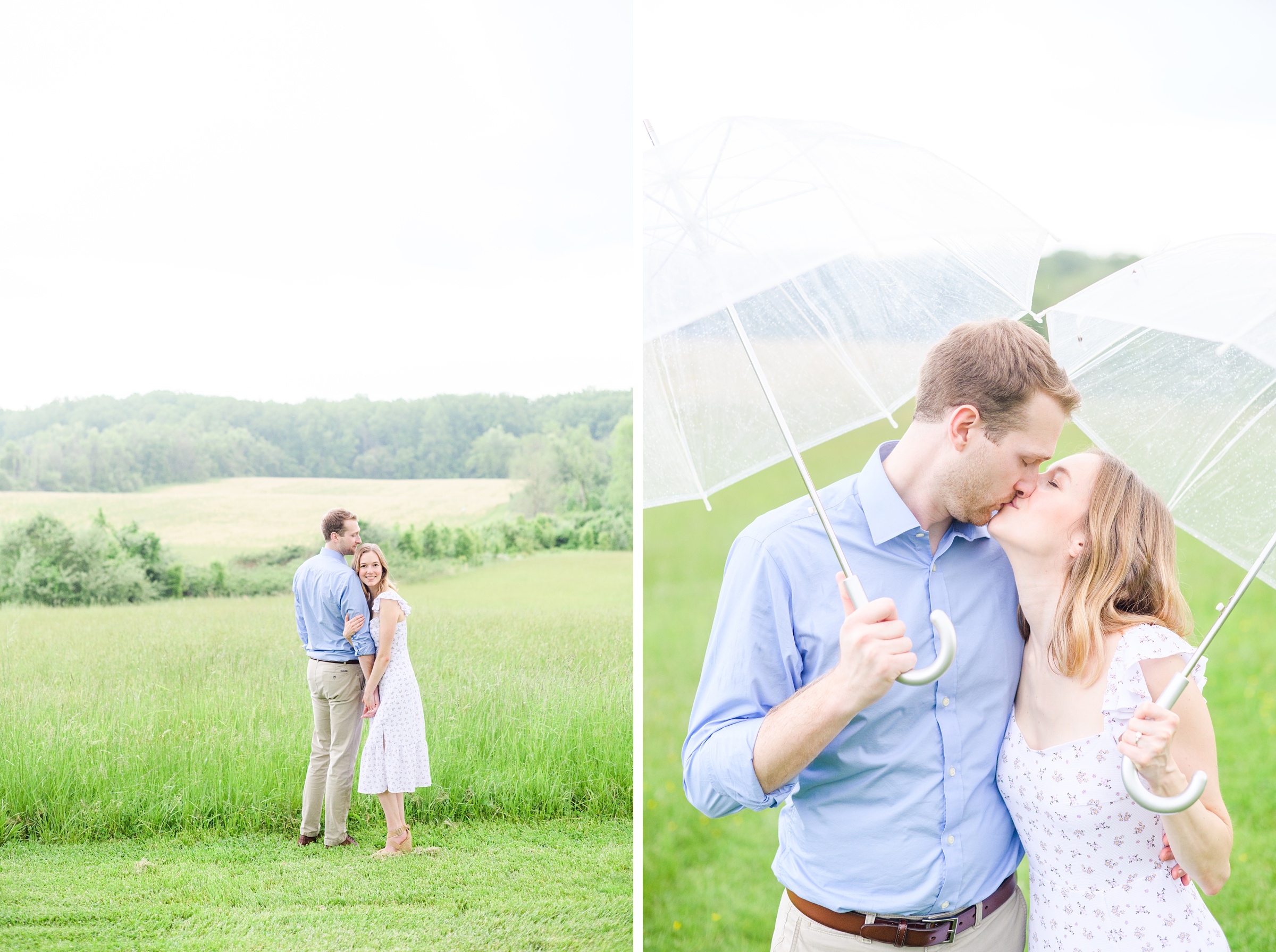 Engaged Couple poses in the fields near Belmont Manor during a rainy sunset engagement photographed by Baltimore Wedding Photographer Cait Kramer