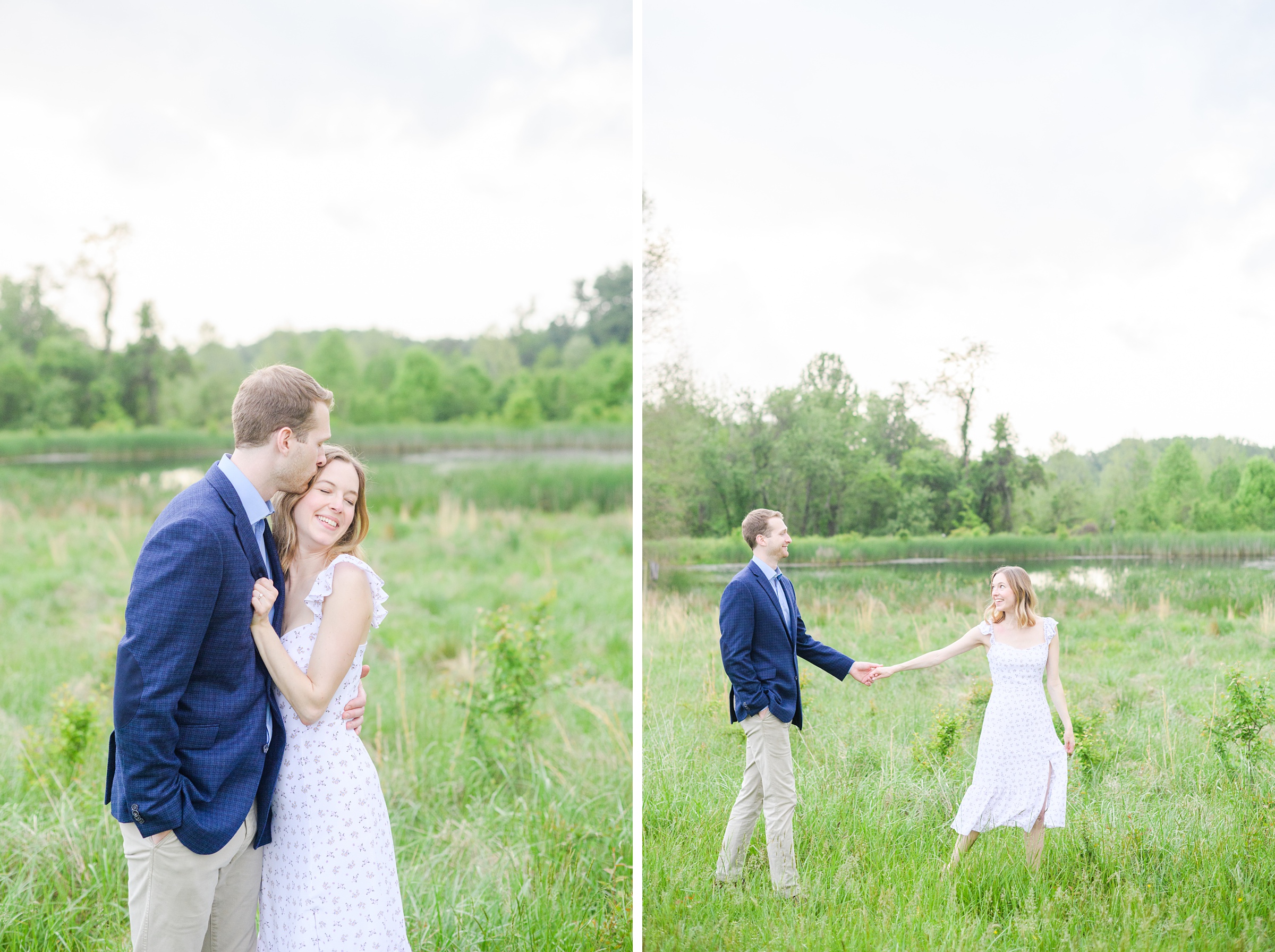 Engaged Couple poses in the fields near Belmont Manor during a rainy sunset engagement photographed by Baltimore Wedding Photographer Cait Kramer