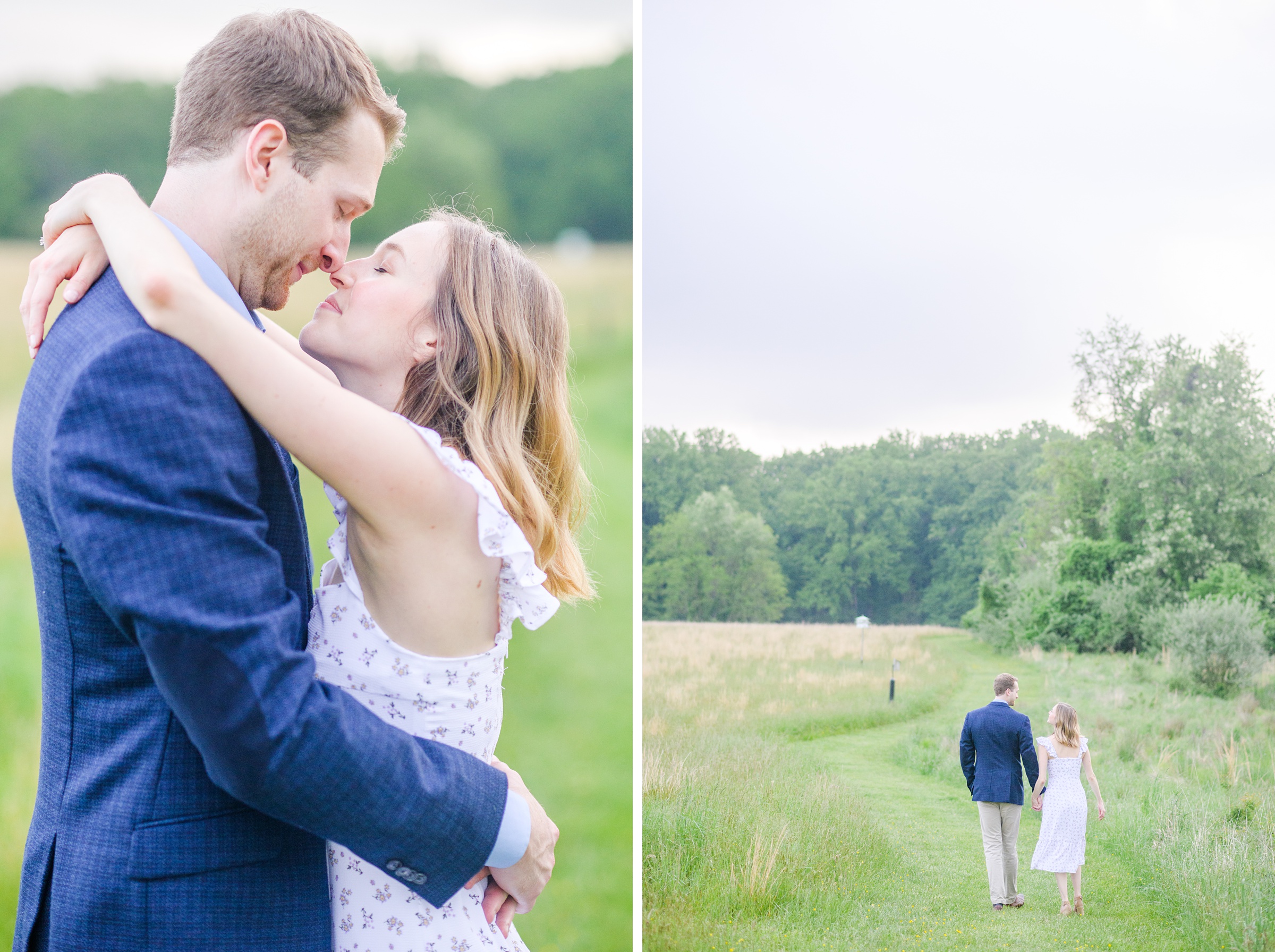 Engaged Couple poses in the fields near Belmont Manor during a rainy sunset engagement photographed by Baltimore Wedding Photographer Cait Kramer