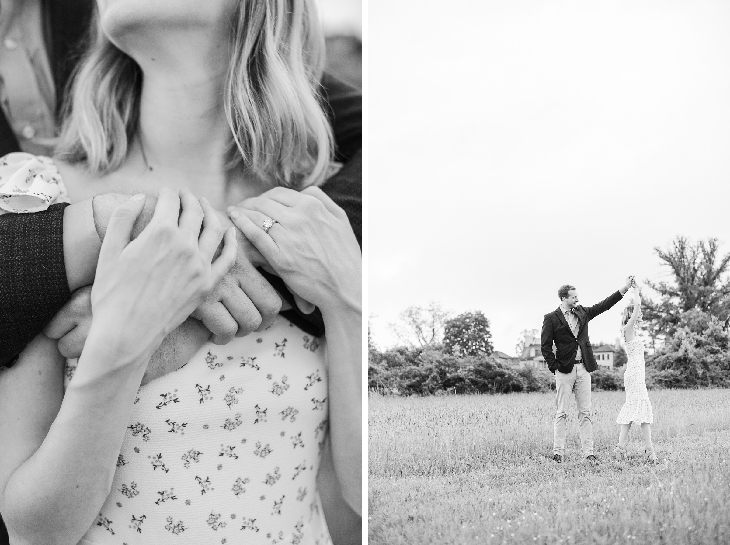 Engaged Couple poses in the fields near Belmont Manor during a rainy sunset engagement photographed by Baltimore Wedding Photographer Cait Kramer