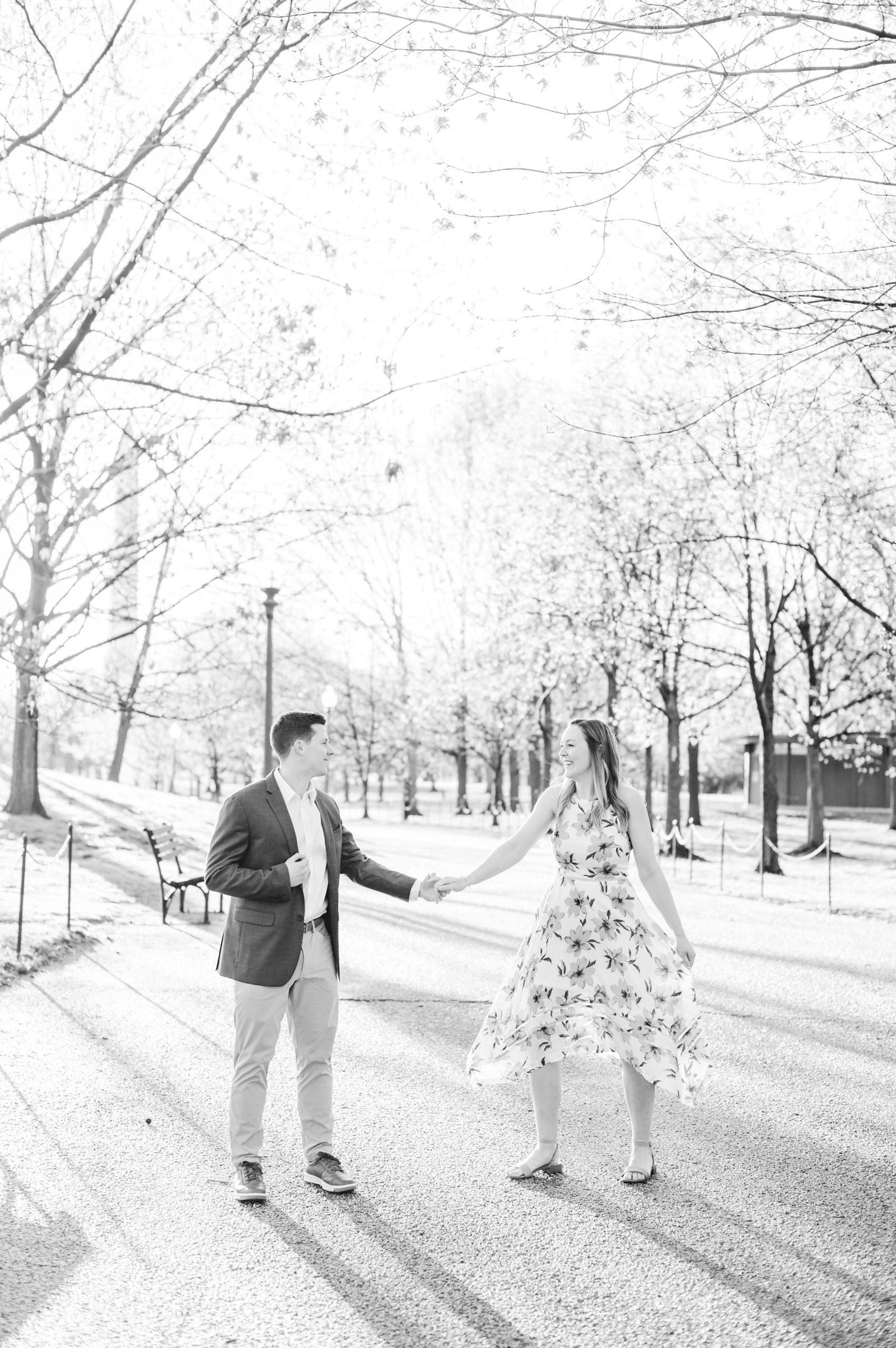 Couple dances during beautiful engagement session at Constitution Gardens in Washington, DC by Maryland Wedding Photographer Cait Kramer Photography