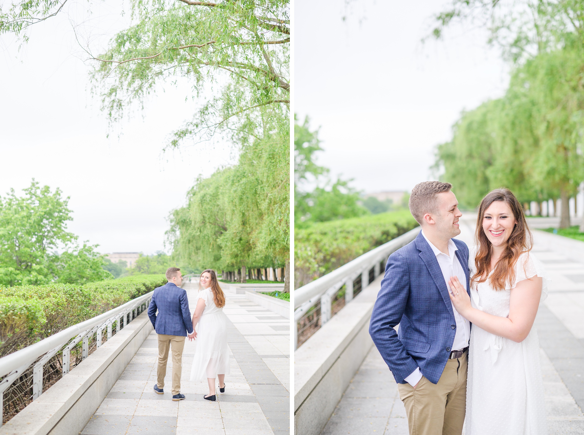 Engaged couple smiles in Foggy Bottom during engagement session at the Kennedy Center photographed by Baltimore Wedding Photographer Cait Kramer Photography