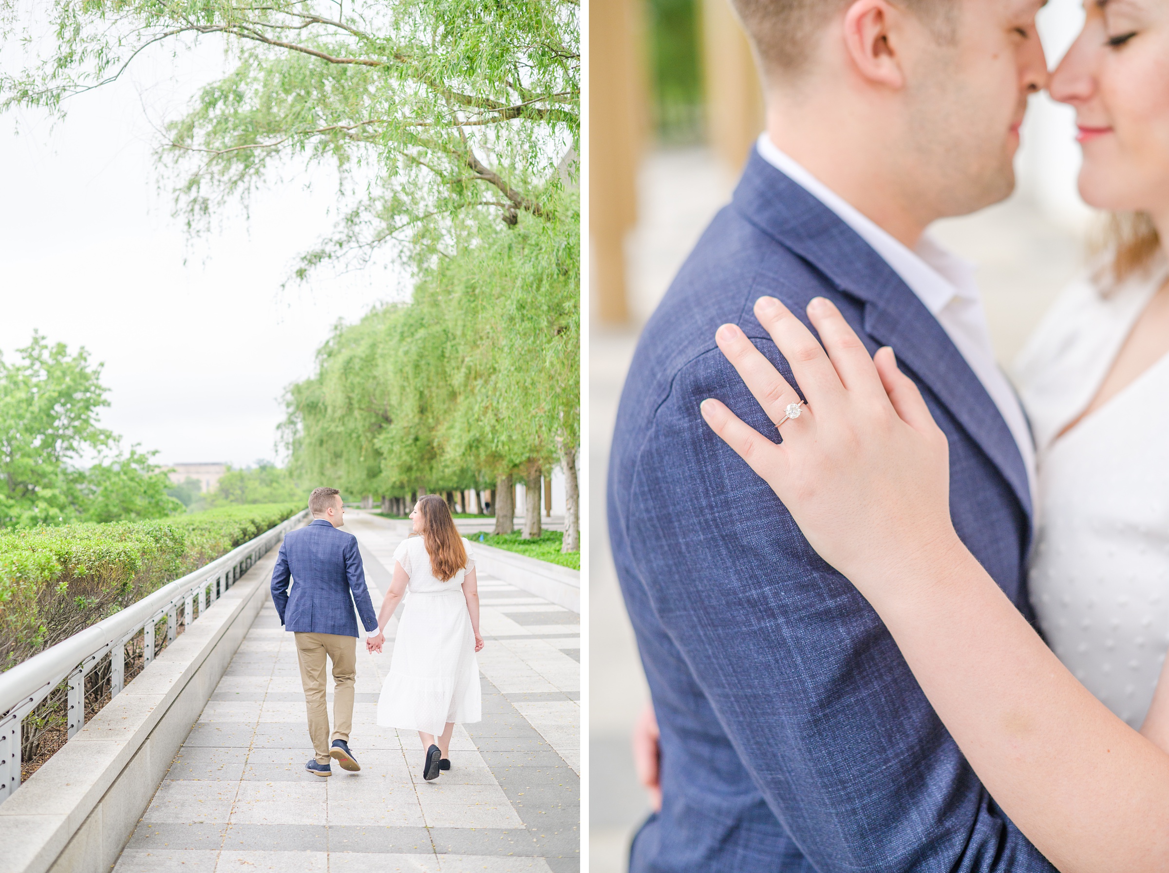 Engaged couple smiles near the Kennedy Center during engagement session at the Kennedy Center photographed by Baltimore Wedding Photographer Cait Kramer Photography