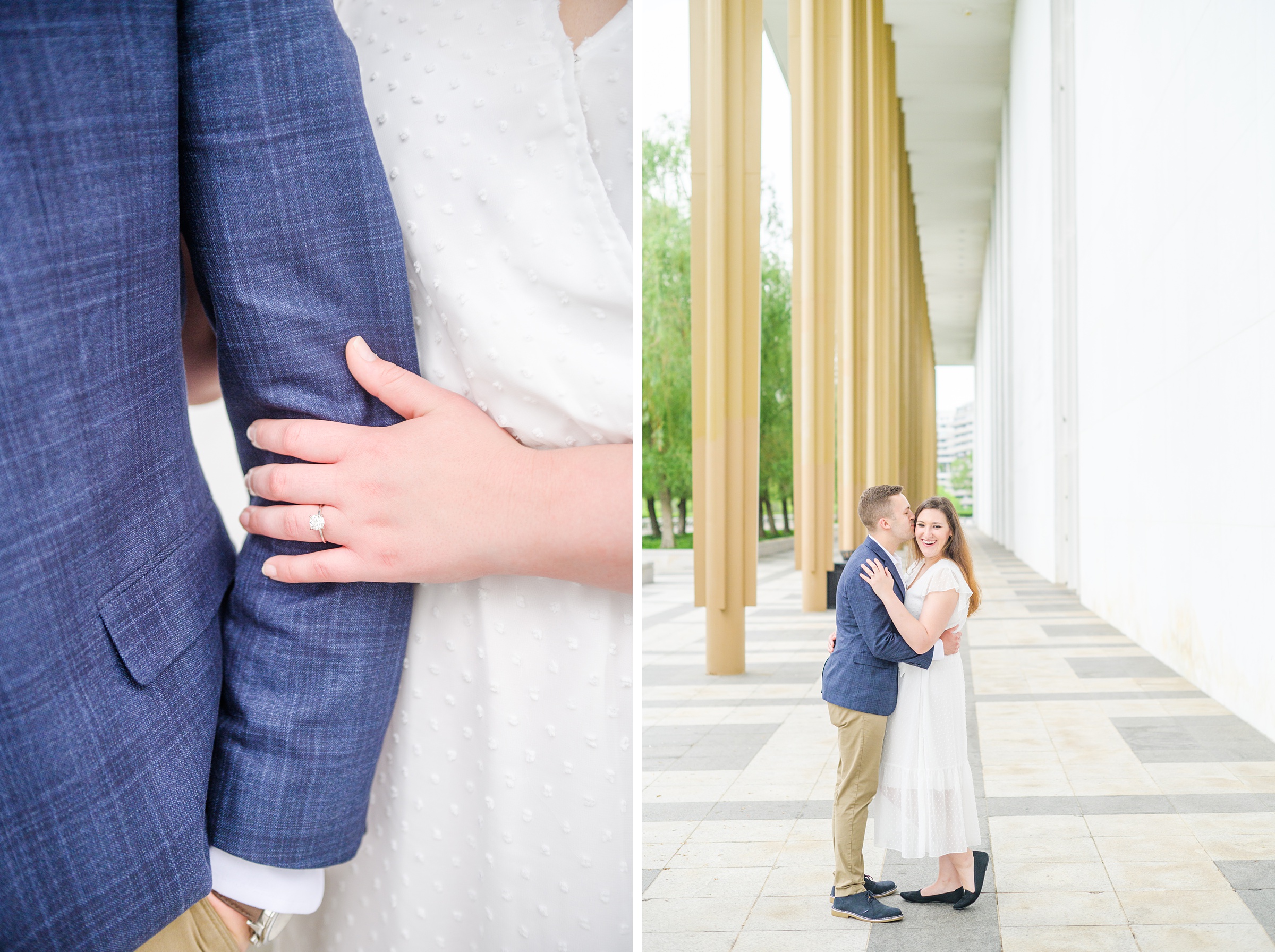 Engaged couple smiles near the Kennedy Center during engagement session at the Kennedy Center photographed by Baltimore Wedding Photographer Cait Kramer Photography