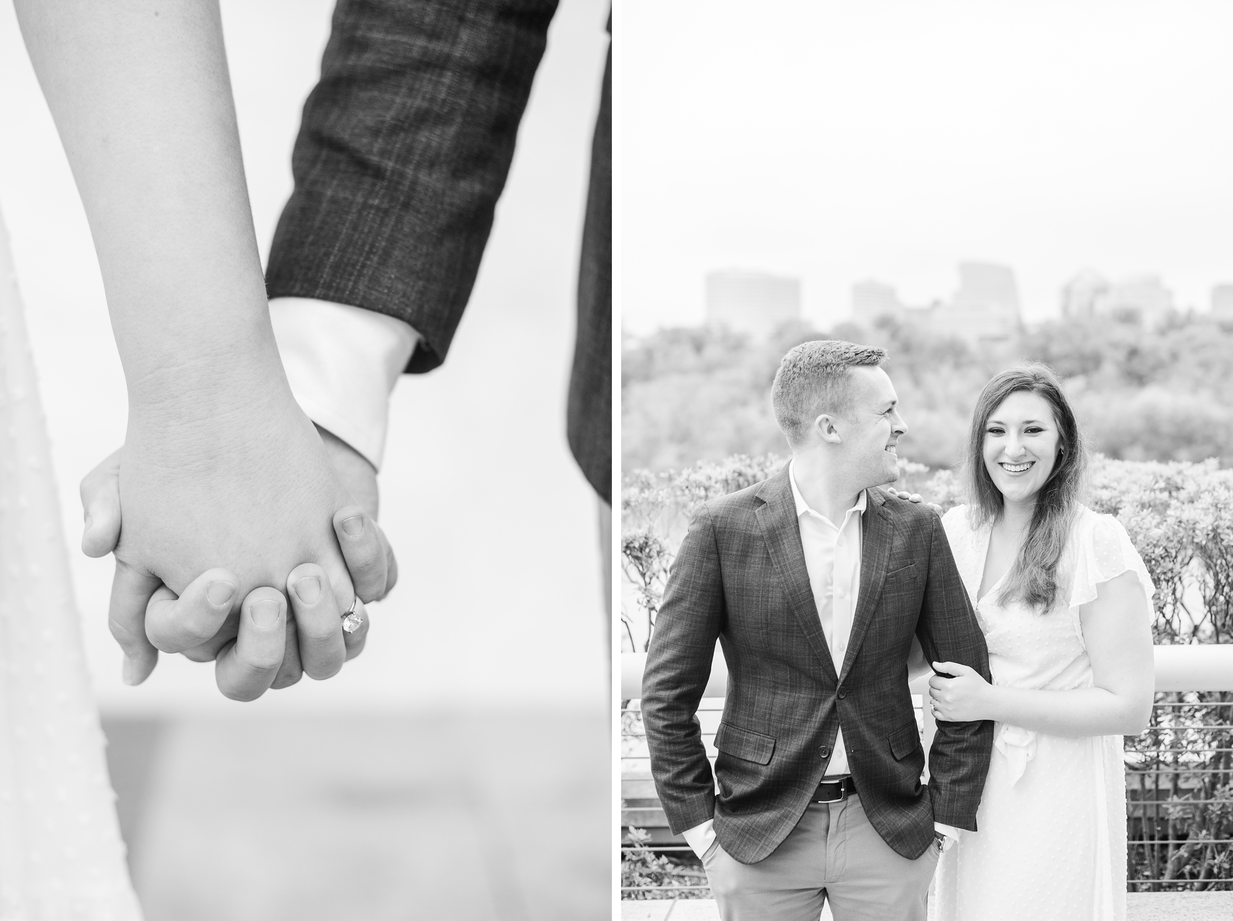 Engaged couple smiles near the Kennedy Center during engagement session at the Kennedy Center photographed by Baltimore Wedding Photographer Cait Kramer Photography