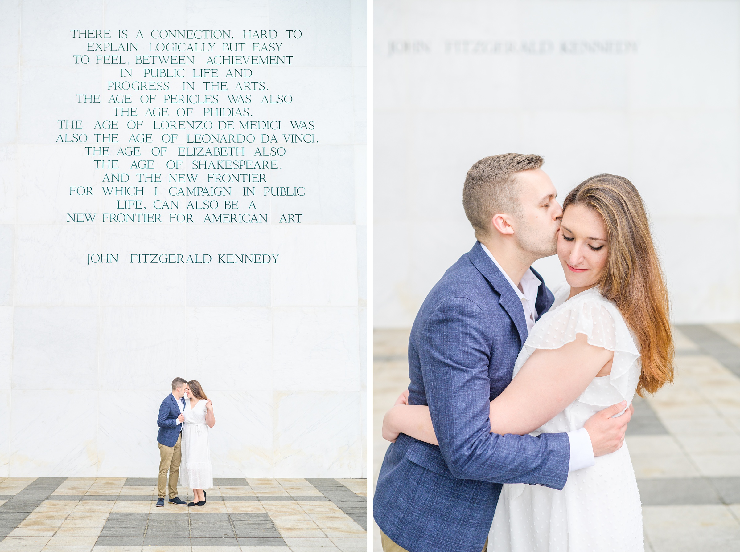 Engaged couple smiles near the Kennedy Center during engagement session at the Kennedy Center photographed by Baltimore Wedding Photographer Cait Kramer Photography