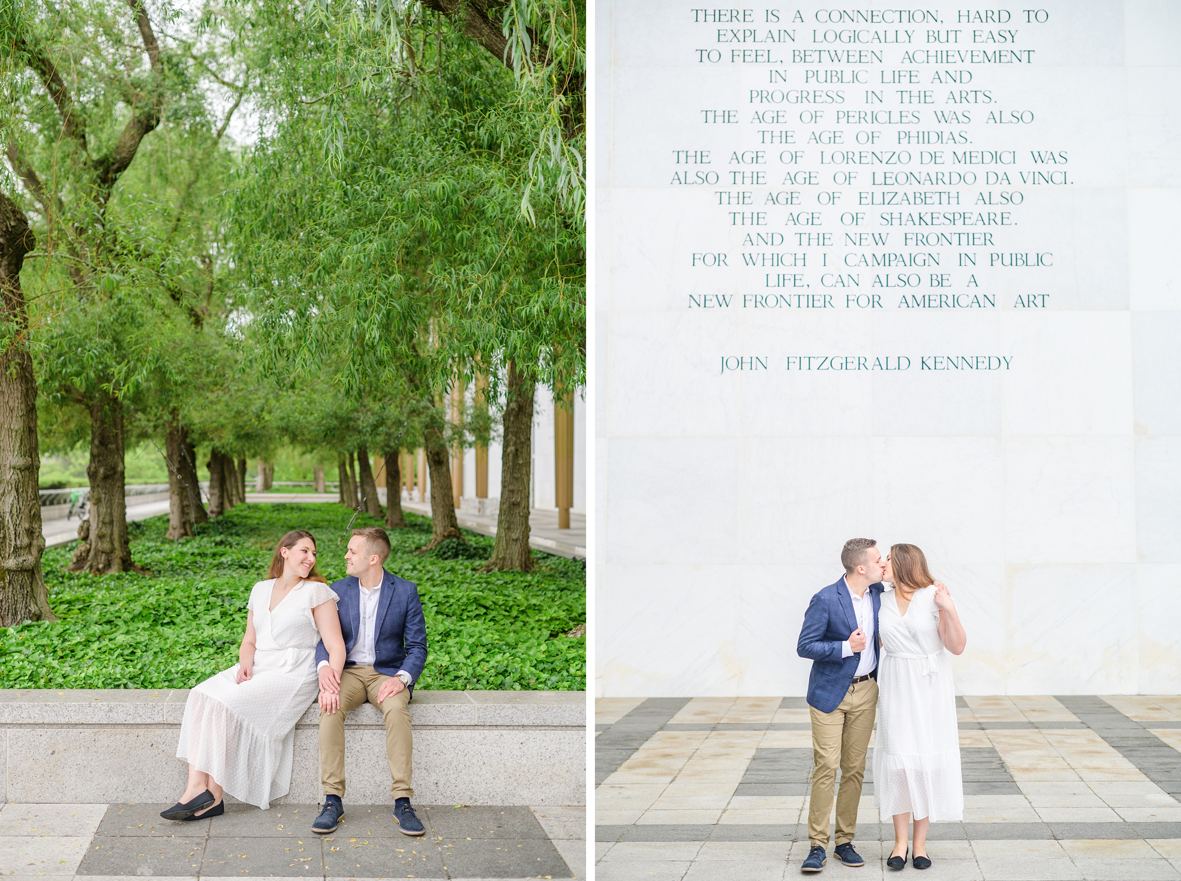 Engaged couple smiles near the Kennedy Center during engagement session at the Kennedy Center photographed by Baltimore Wedding Photographer Cait Kramer Photography