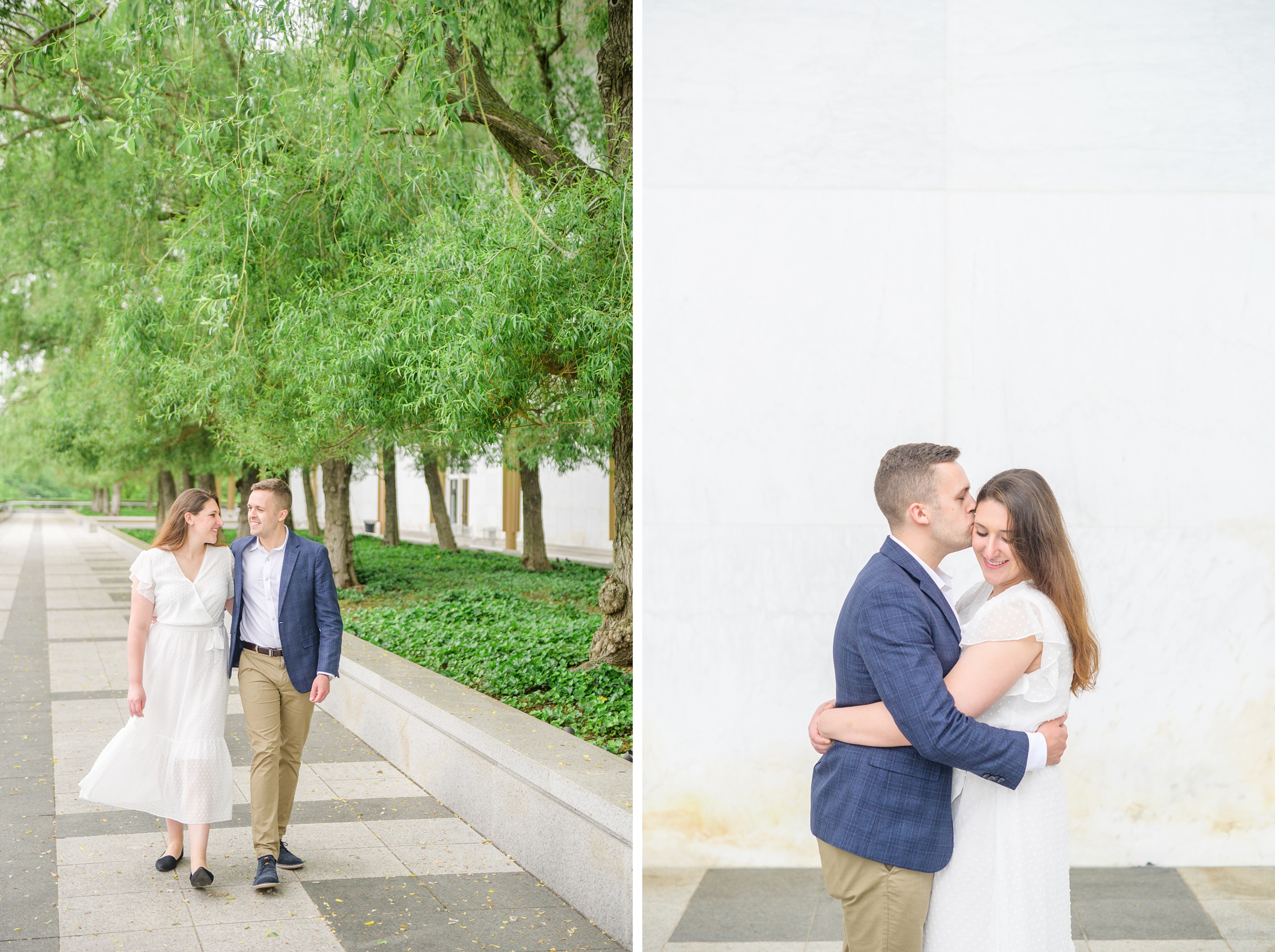 Engaged couple smiles near the Kennedy Center during engagement session at the Kennedy Center photographed by Baltimore Wedding Photographer Cait Kramer Photography