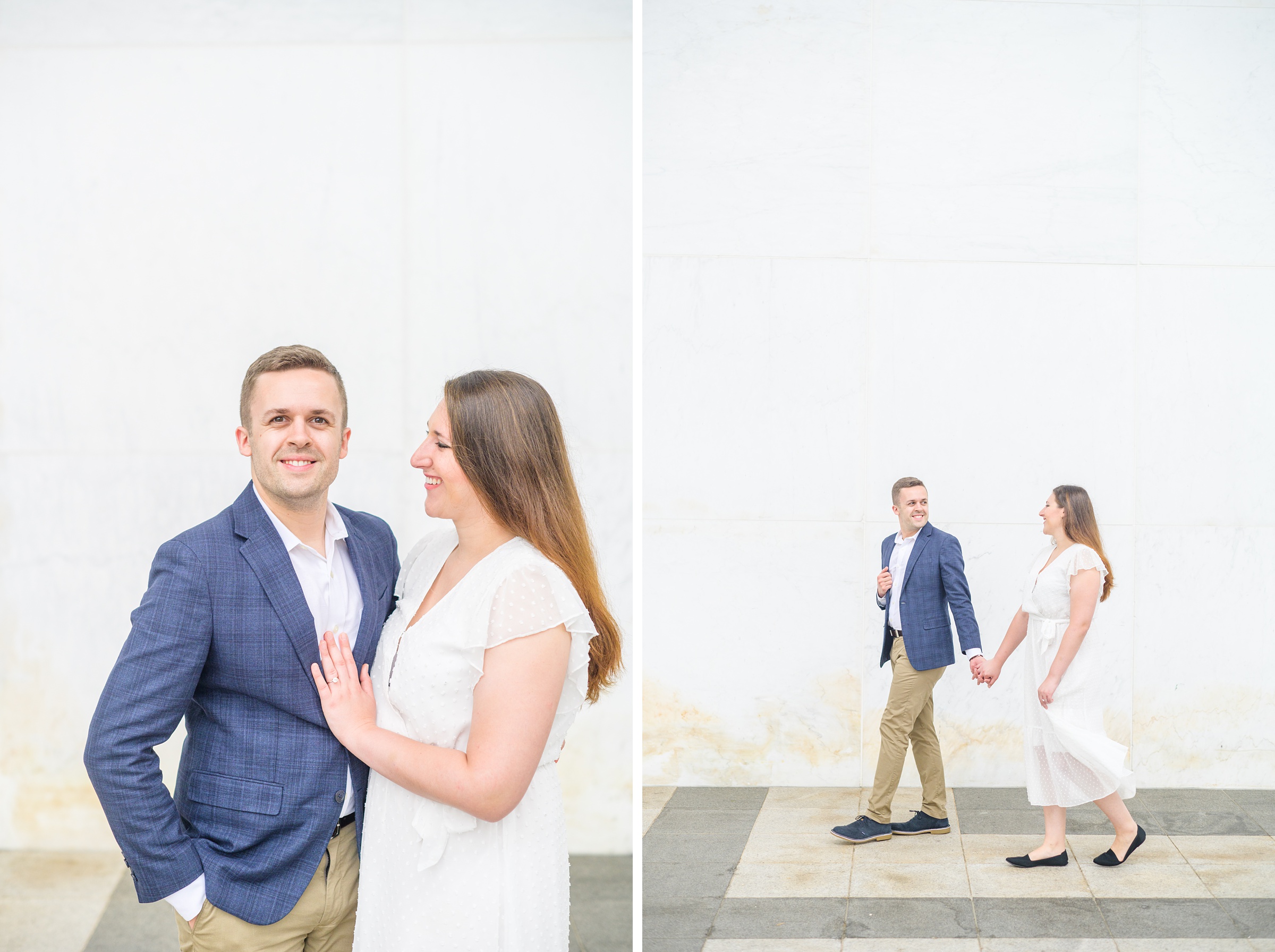 Engaged couple smiles near the Kennedy Center during engagement session at the Kennedy Center photographed by Baltimore Wedding Photographer Cait Kramer Photography