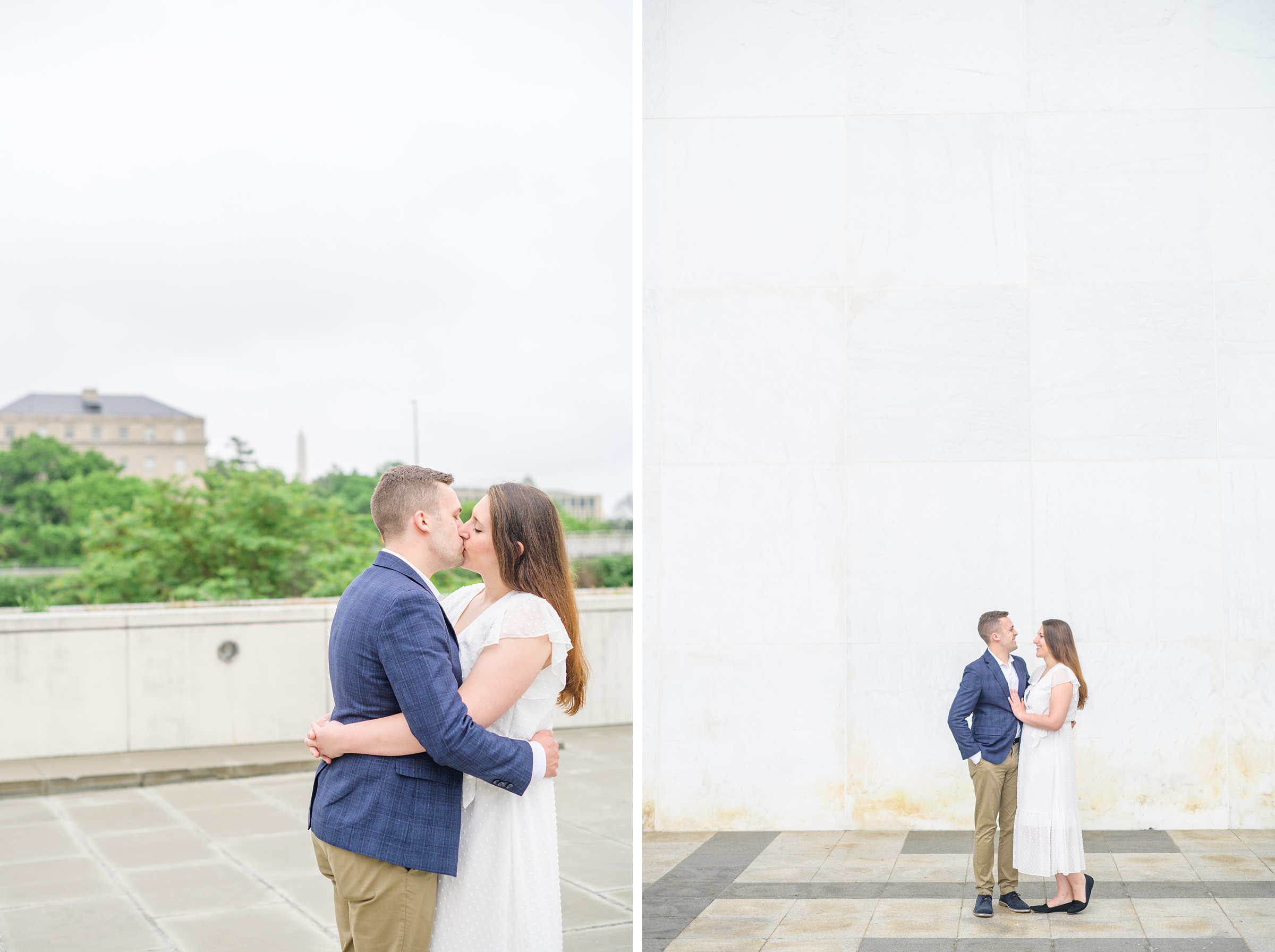 Engaged couple smiles near the Kennedy Center during engagement session at the Kennedy Center photographed by Baltimore Wedding Photographer Cait Kramer Photography