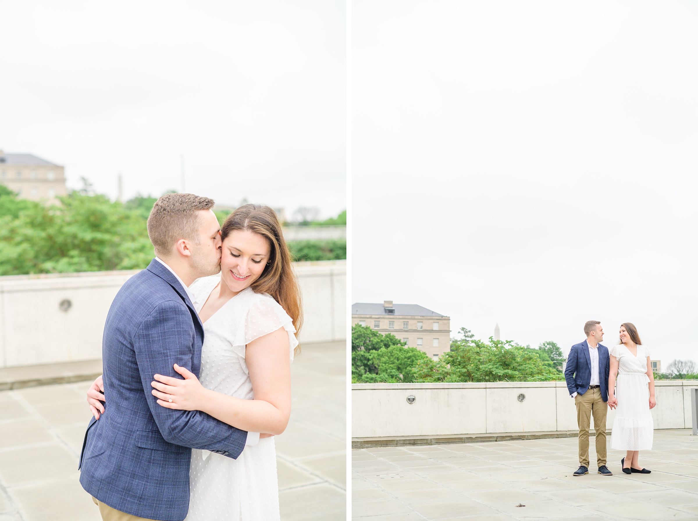 Engaged couple smiles near the Kennedy Center during engagement session at the Kennedy Center photographed by Baltimore Wedding Photographer Cait Kramer Photography