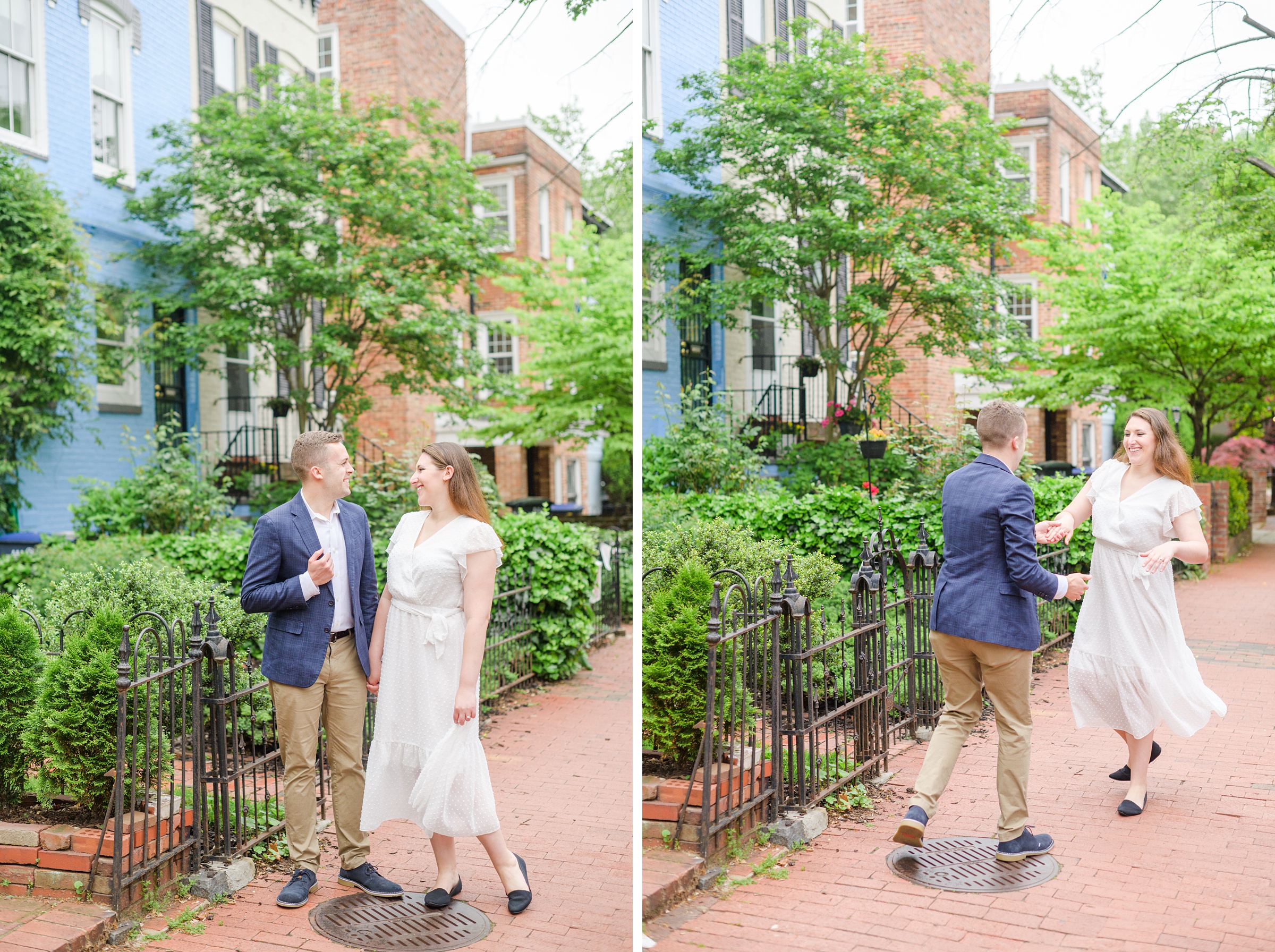 Engaged couple smiles in Foggy Bottom during engagement session at the Kennedy Center photographed by Baltimore Wedding Photographer Cait Kramer Photography