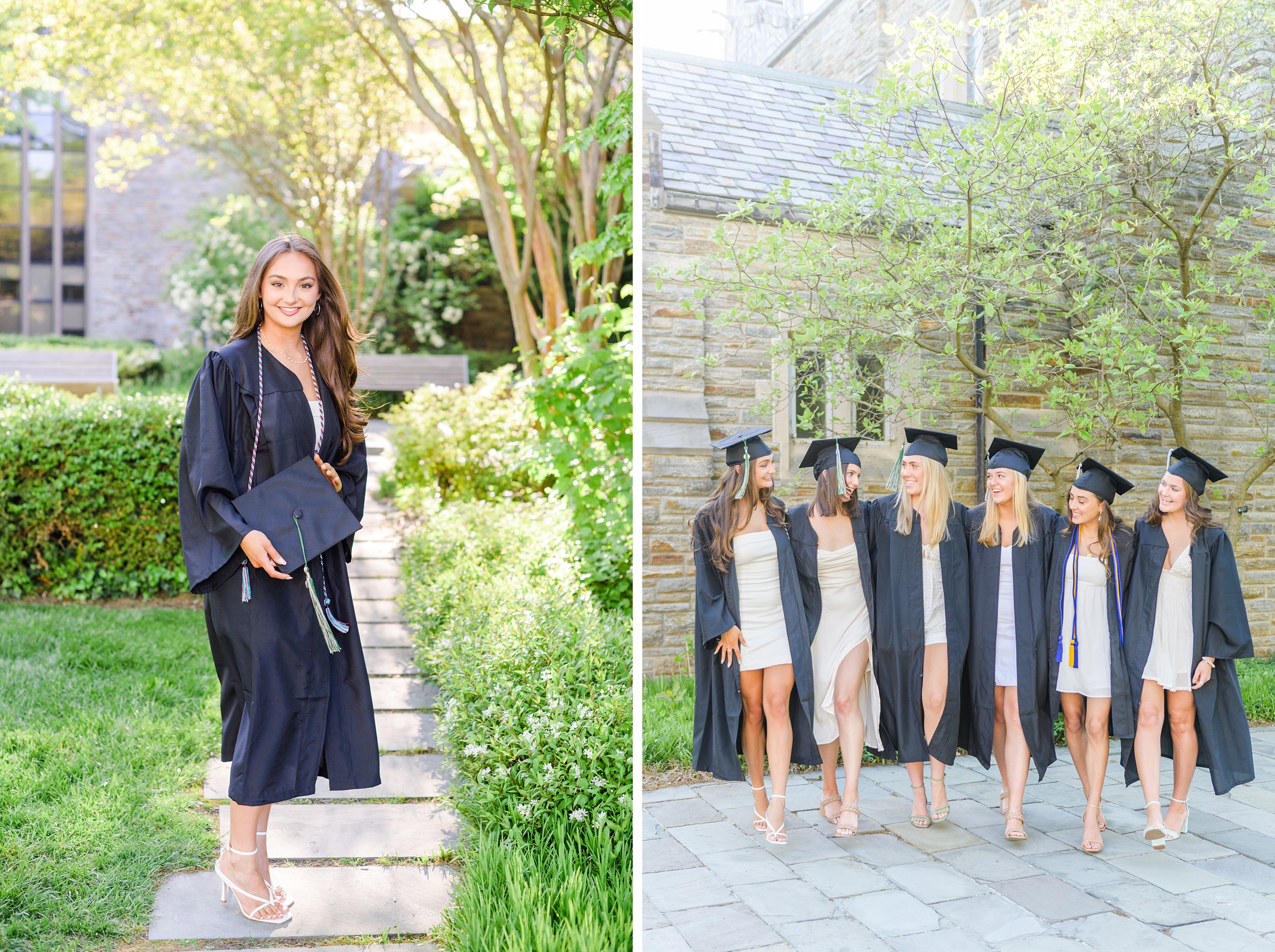 Loyola seniors pose on Loyola University Maryland's campus in graduation attire during Baltimore Grad Session photographed by Cait Kramer