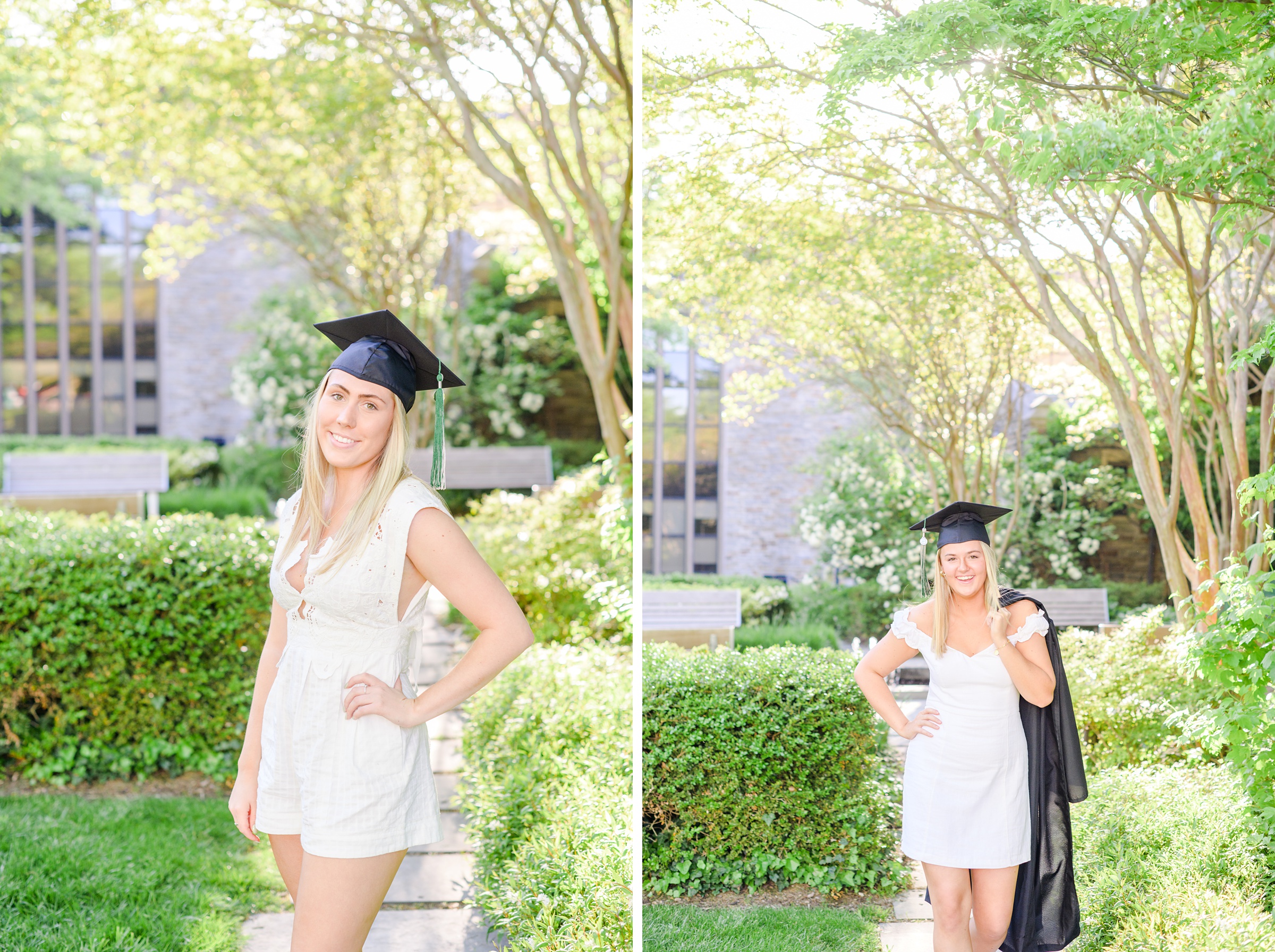 Loyola seniors pose on Loyola University Maryland's campus in graduation attire during Baltimore Grad Session photographed by Cait Kramer