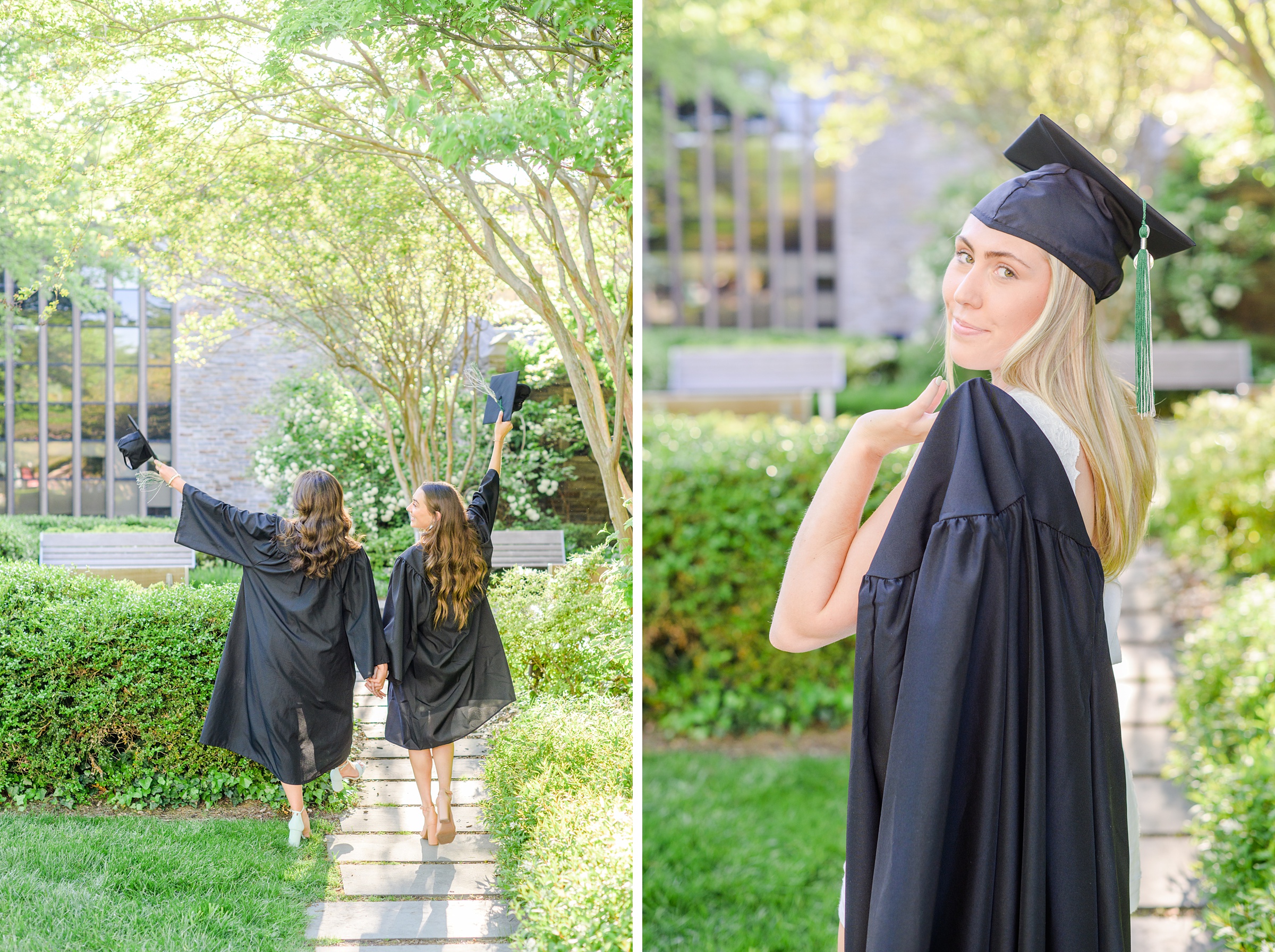 Loyola seniors pose on Loyola University Maryland's campus in graduation attire during Baltimore Grad Session photographed by Cait Kramer