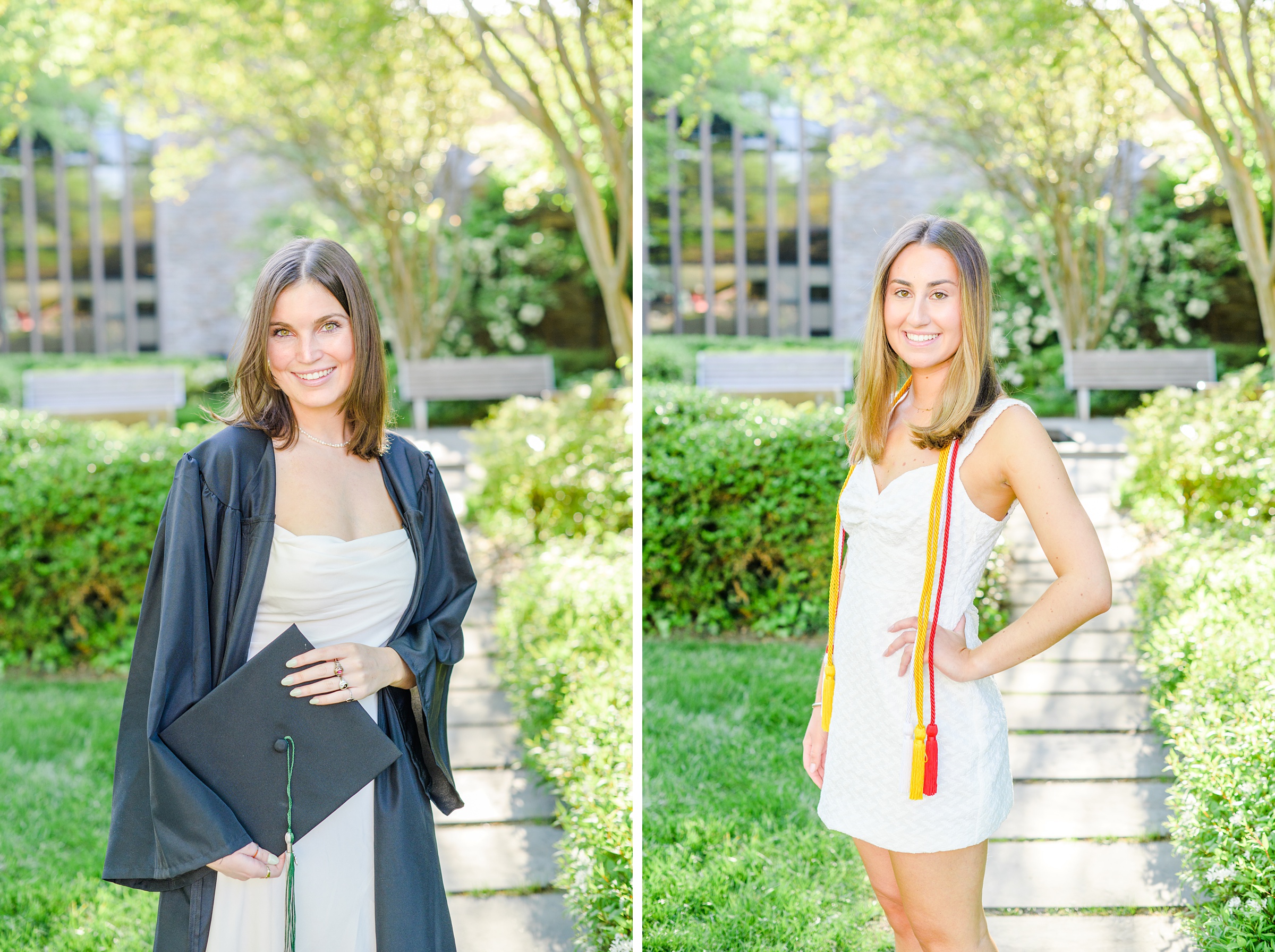 Loyola seniors pose on Loyola University Maryland's campus in graduation attire during Baltimore Grad Session photographed by Cait Kramer