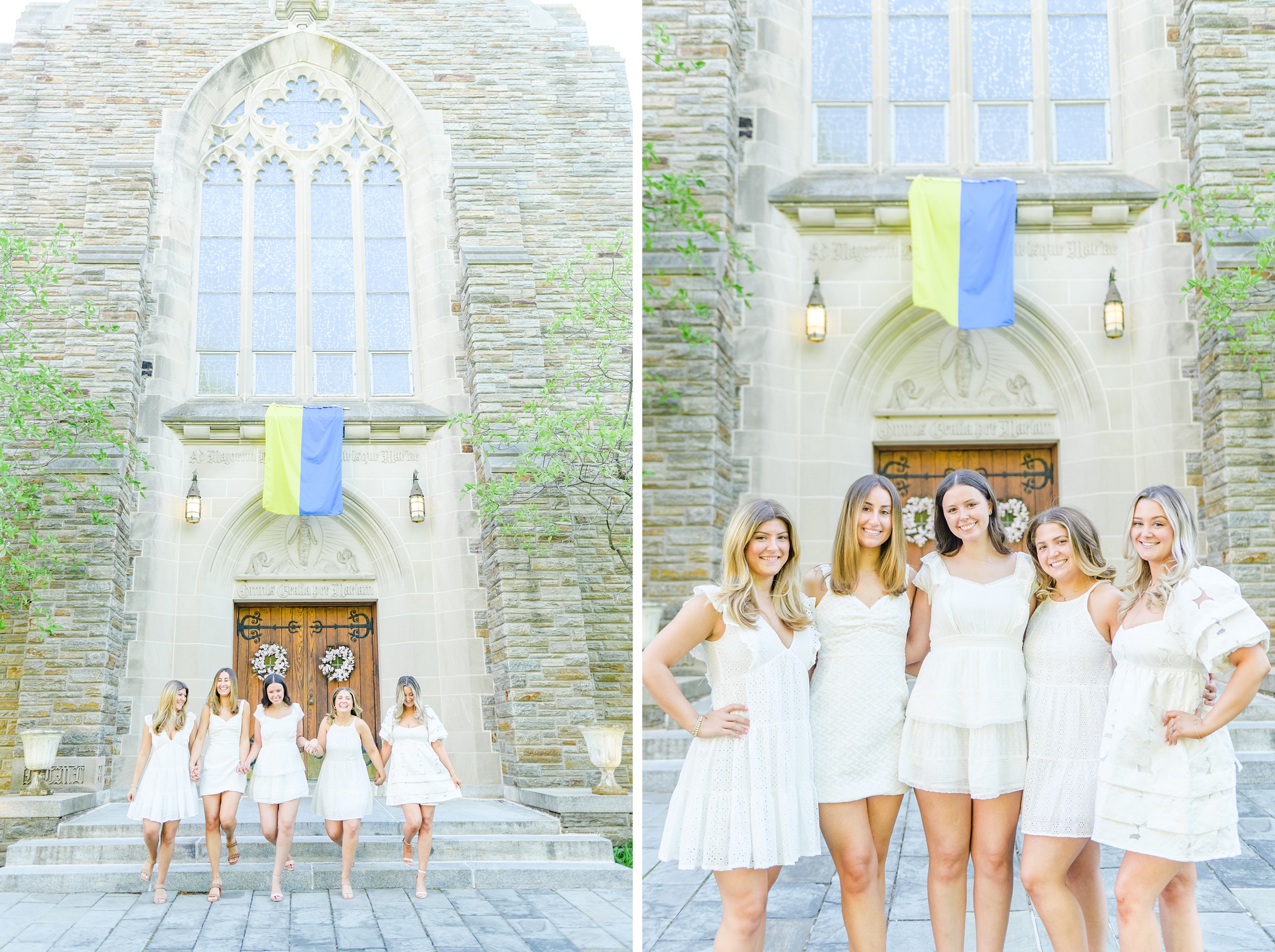 Loyola seniors pose on Loyola University Maryland's campus in graduation attire during Baltimore Grad Session photographed by Cait Kramer