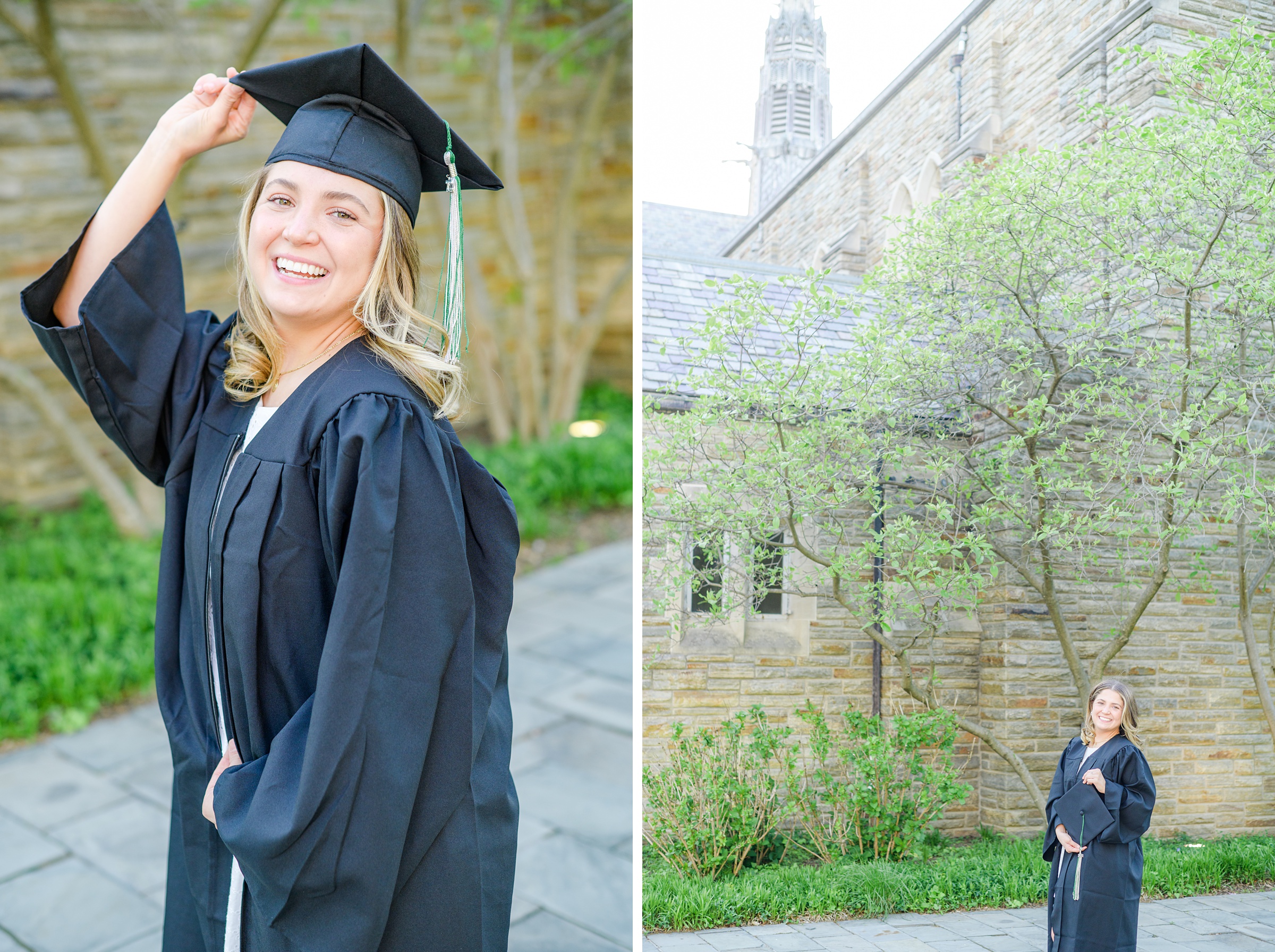 Loyola seniors pose on Loyola University Maryland's campus in graduation attire during Baltimore Grad Session photographed by Cait Kramer