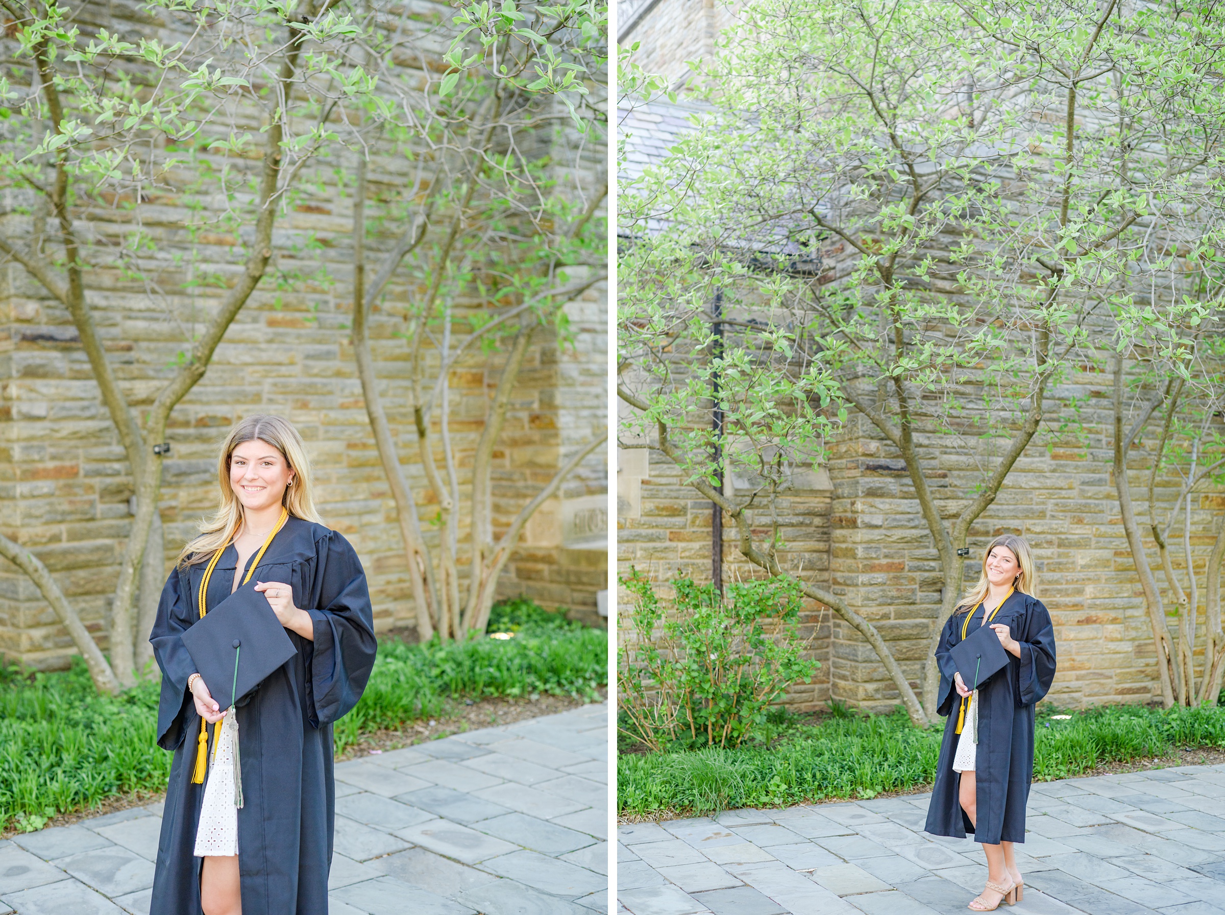 Loyola seniors pose on Loyola University Maryland's campus in graduation attire during Baltimore Grad Session photographed by Cait Kramer