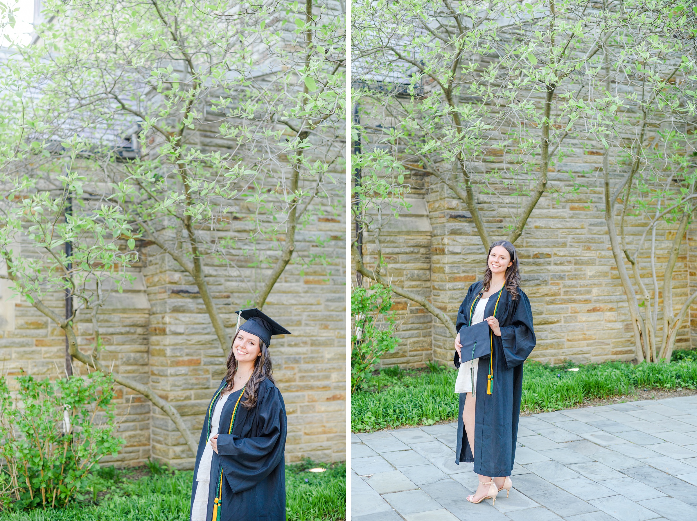 Loyola seniors pose on Loyola University Maryland's campus in graduation attire during Baltimore Grad Session photographed by Cait Kramer