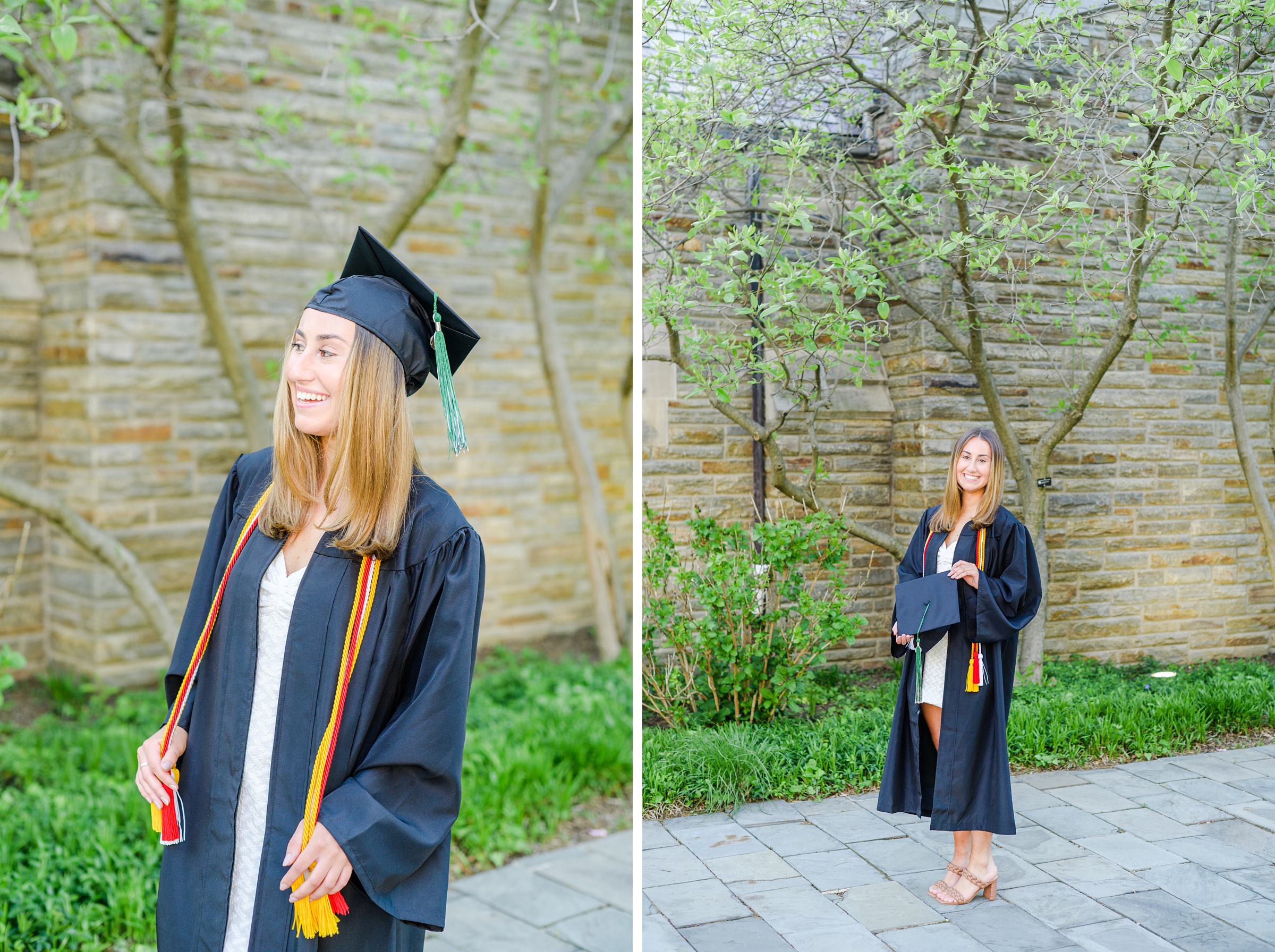 Loyola seniors pose on Loyola University Maryland's campus in graduation attire during Baltimore Grad Session photographed by Cait Kramer