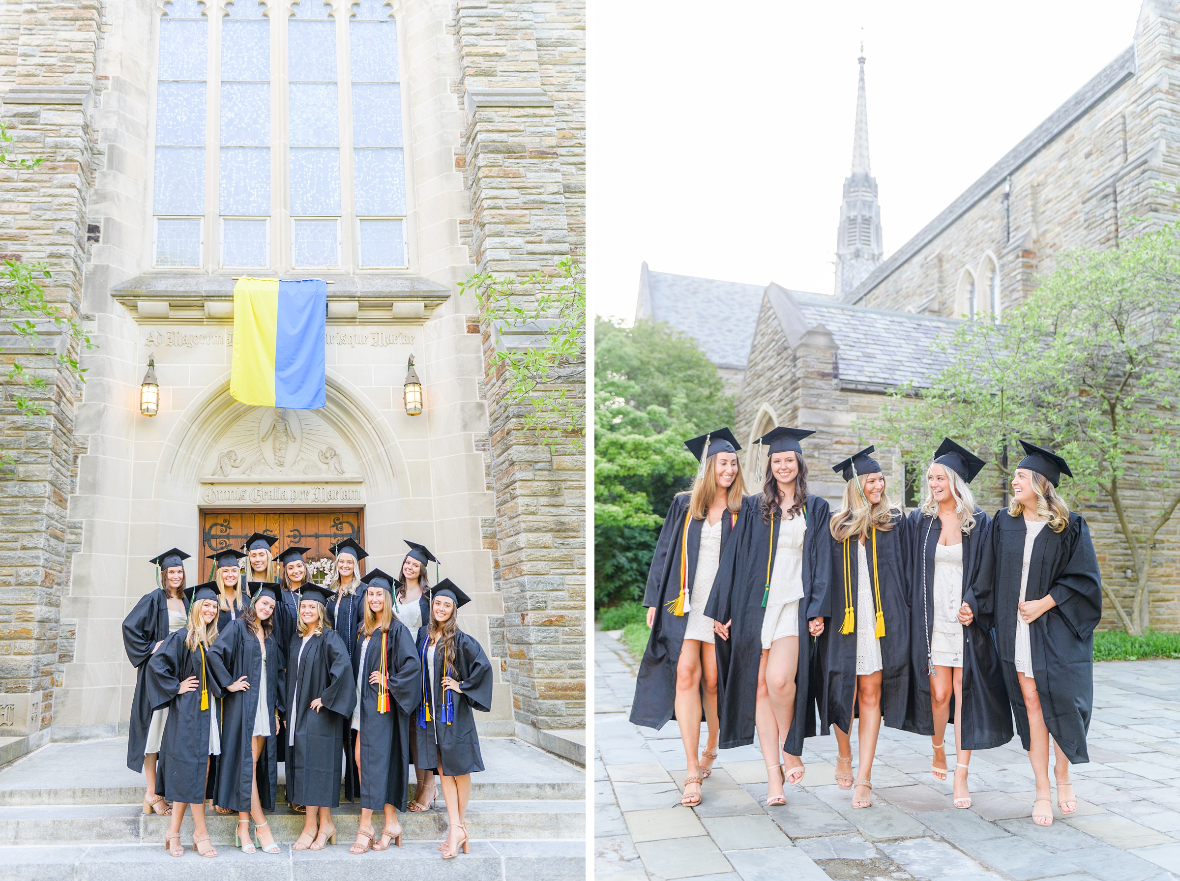 Loyola seniors pose on Loyola University Maryland's campus in graduation attire during Baltimore Grad Session photographed by Cait Kramer