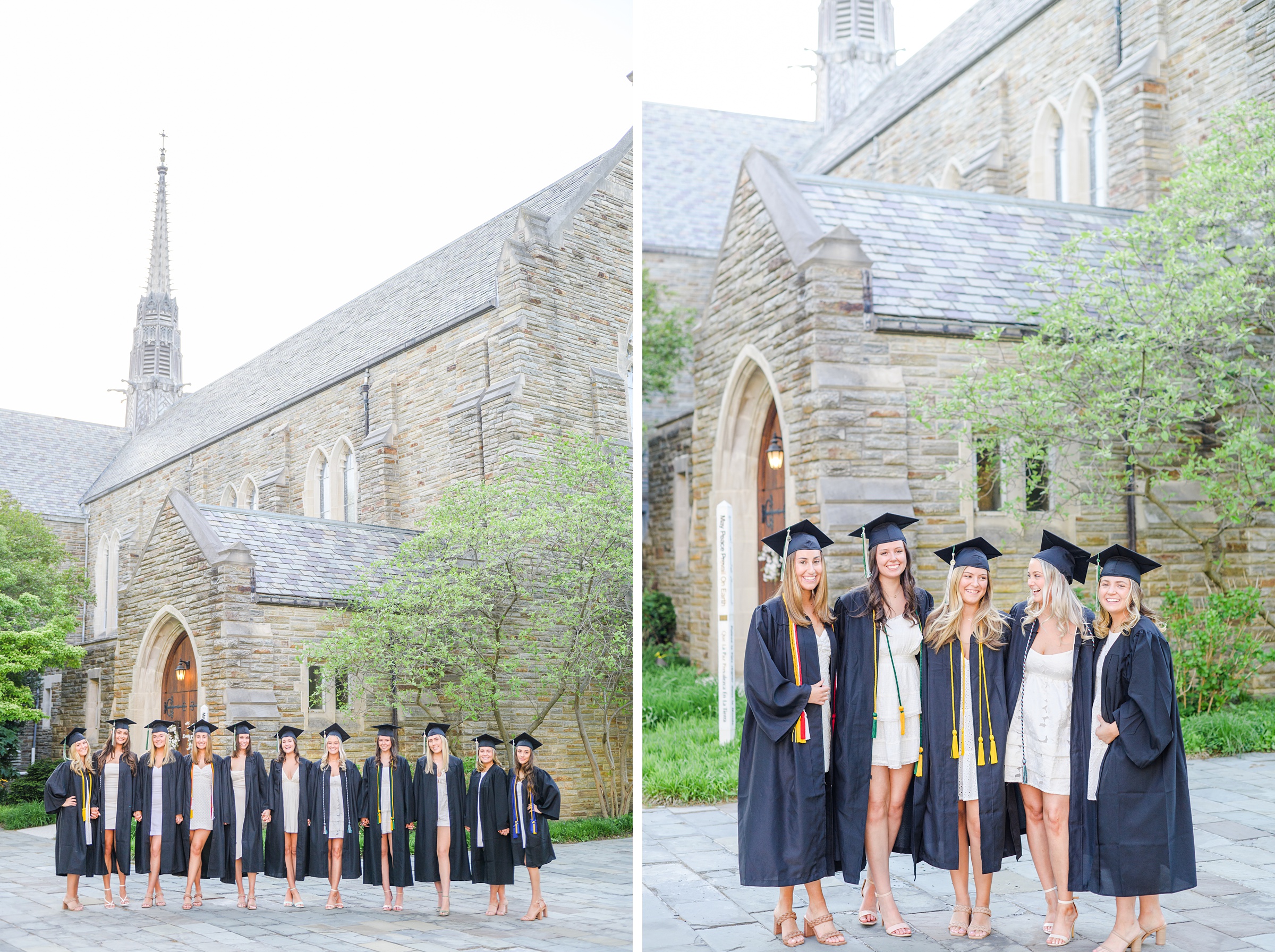 Loyola seniors pose on Loyola University Maryland's campus in graduation attire during Baltimore Grad Session photographed by Cait Kramer