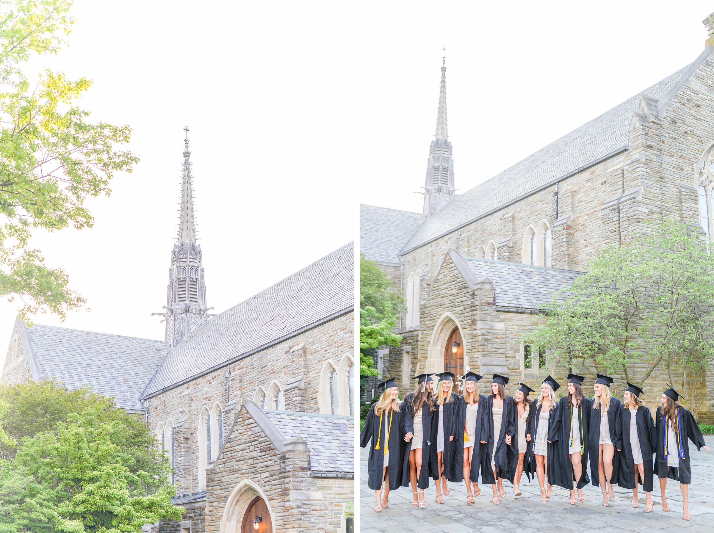 Loyola seniors pose on Loyola University Maryland's campus in graduation attire during Baltimore Grad Session photographed by Cait Kramer