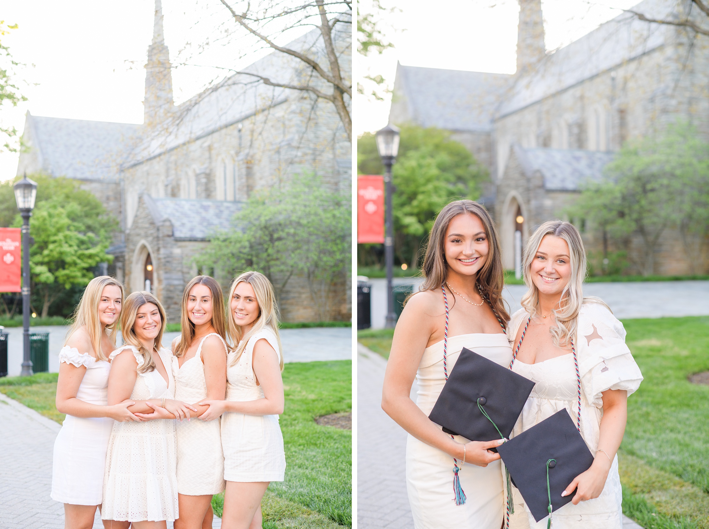 Loyola seniors pose on Loyola University Maryland's campus in graduation attire during Baltimore Grad Session photographed by Cait Kramer