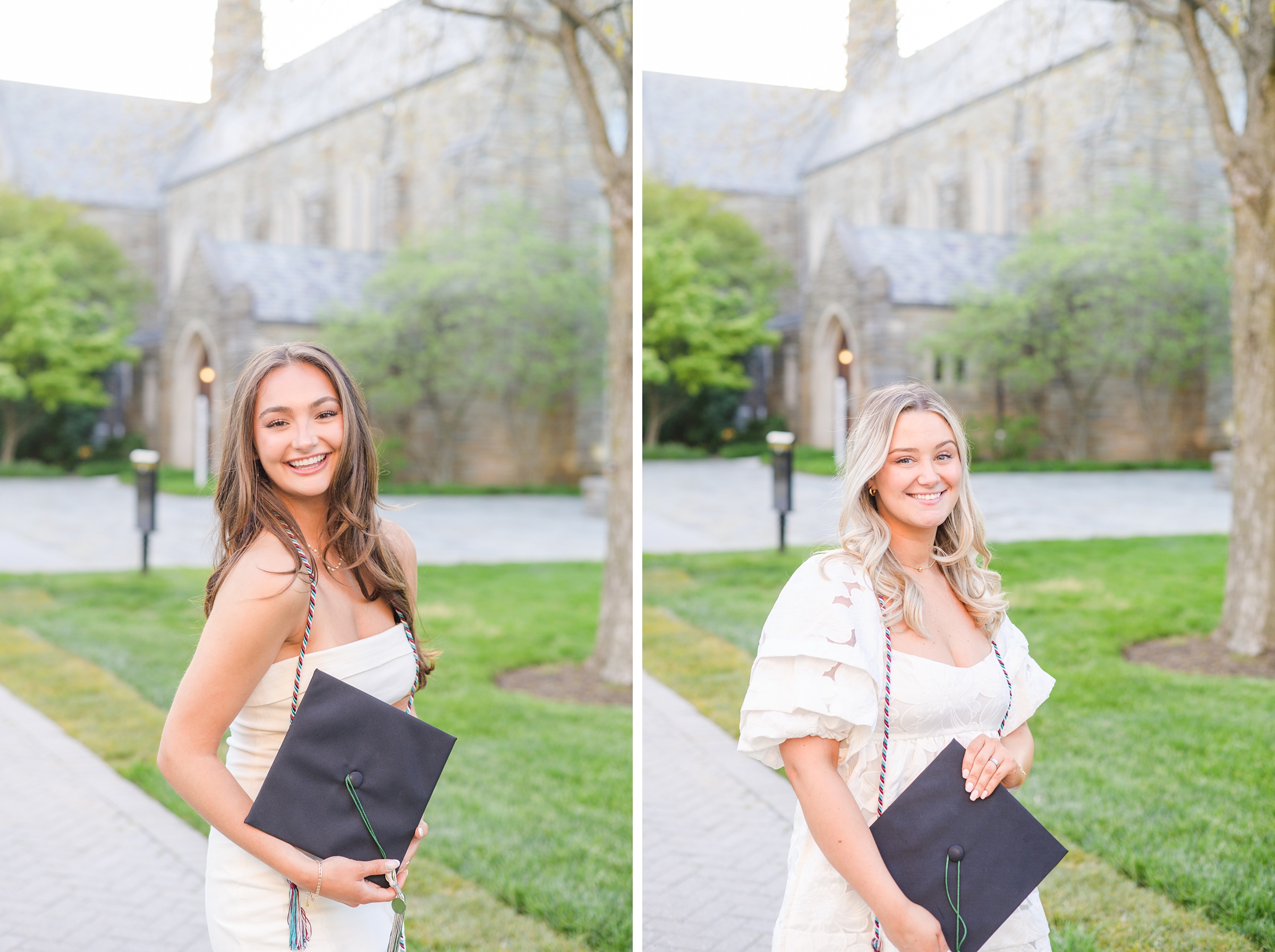 Loyola seniors pose on Loyola University Maryland's campus in graduation attire during Baltimore Grad Session photographed by Cait Kramer