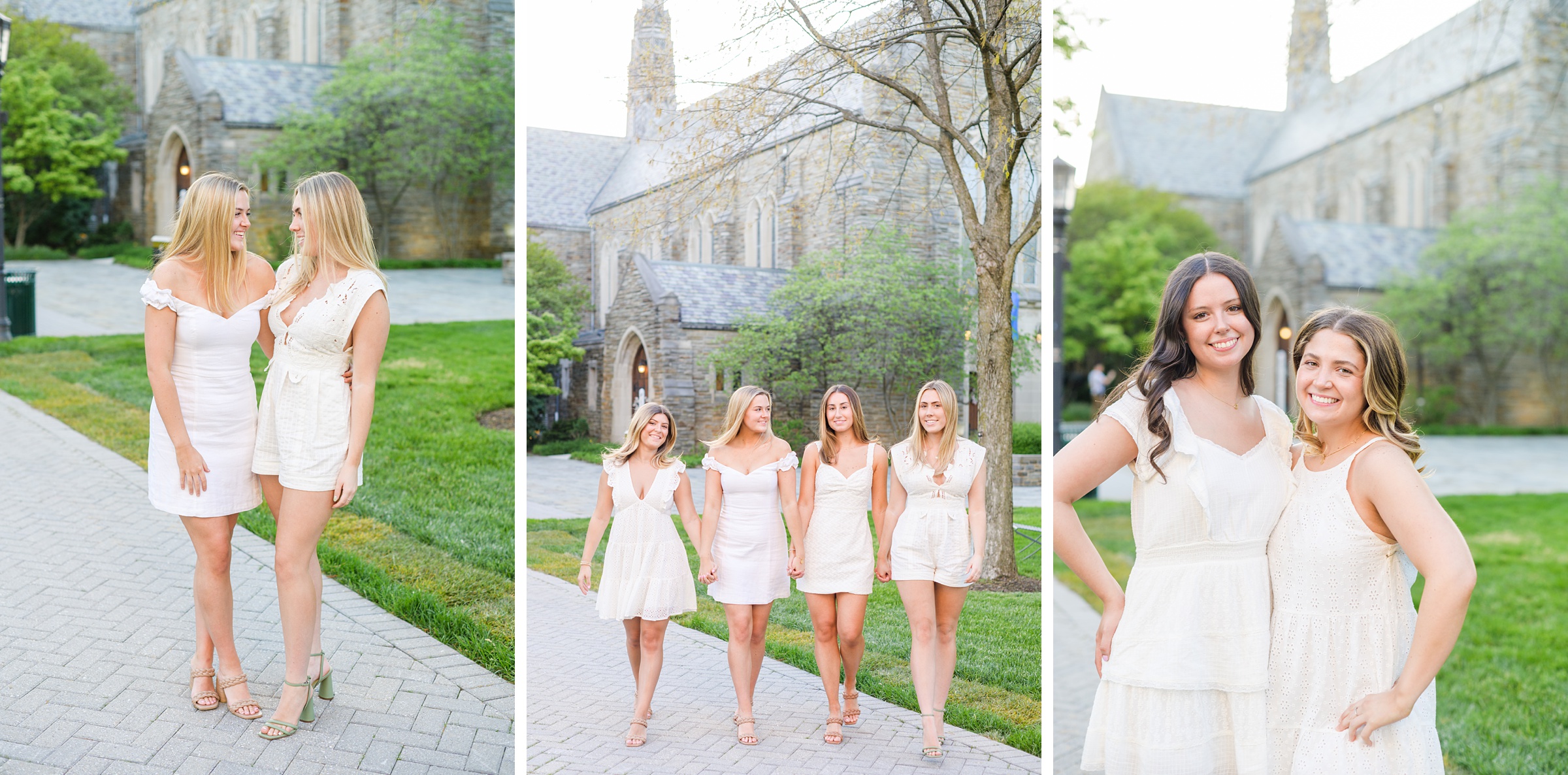 Loyola seniors pose on Loyola University Maryland's campus in graduation attire during Baltimore Grad Session photographed by Cait Kramer