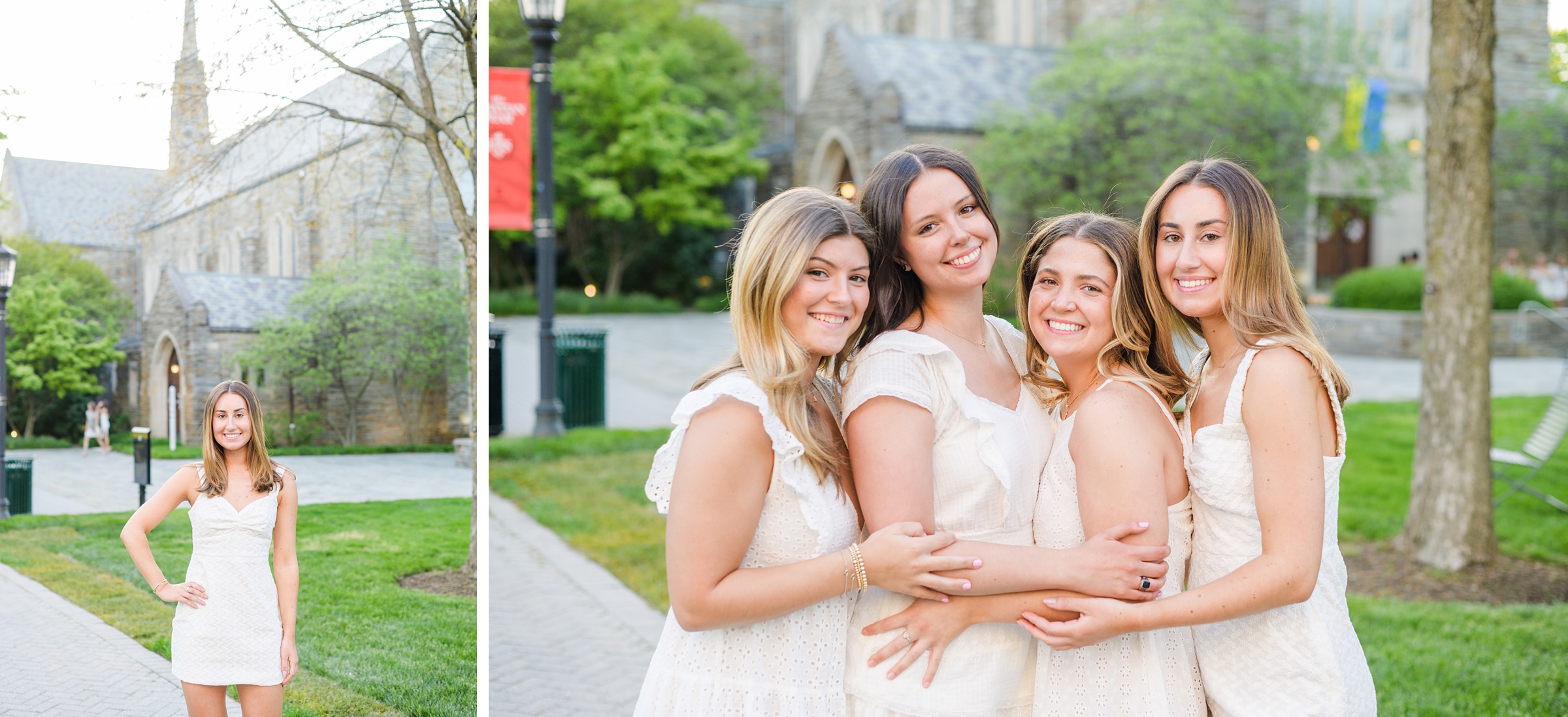 Loyola seniors pose on Loyola University Maryland's campus in graduation attire during Baltimore Grad Session photographed by Cait Kramer