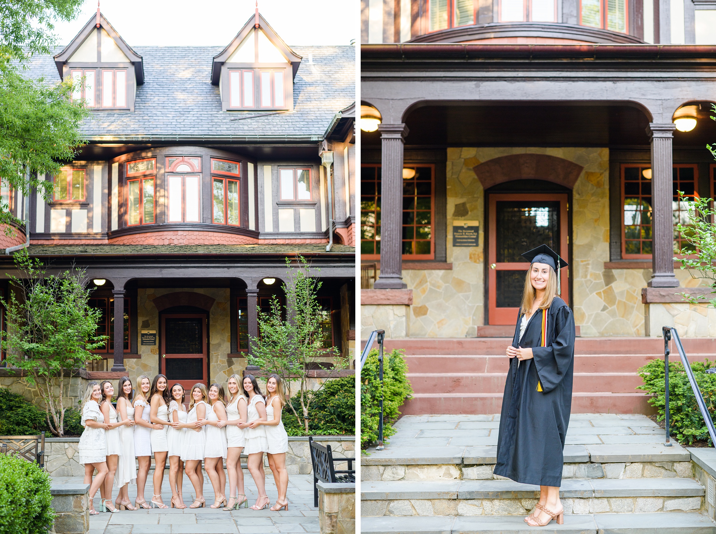 Loyola seniors pose on Loyola University Maryland's campus in graduation attire during Baltimore Grad Session photographed by Cait Kramer