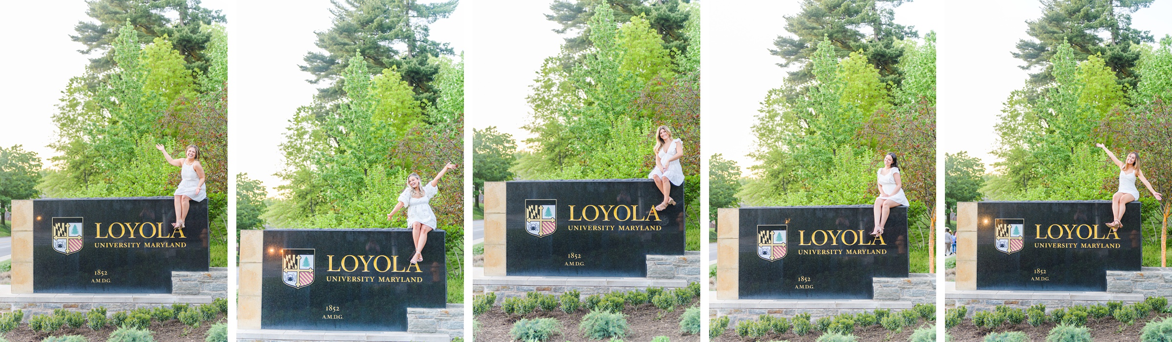 Loyola seniors pose on Loyola University Maryland's campus in graduation attire during Baltimore Grad Session photographed by Cait Kramer