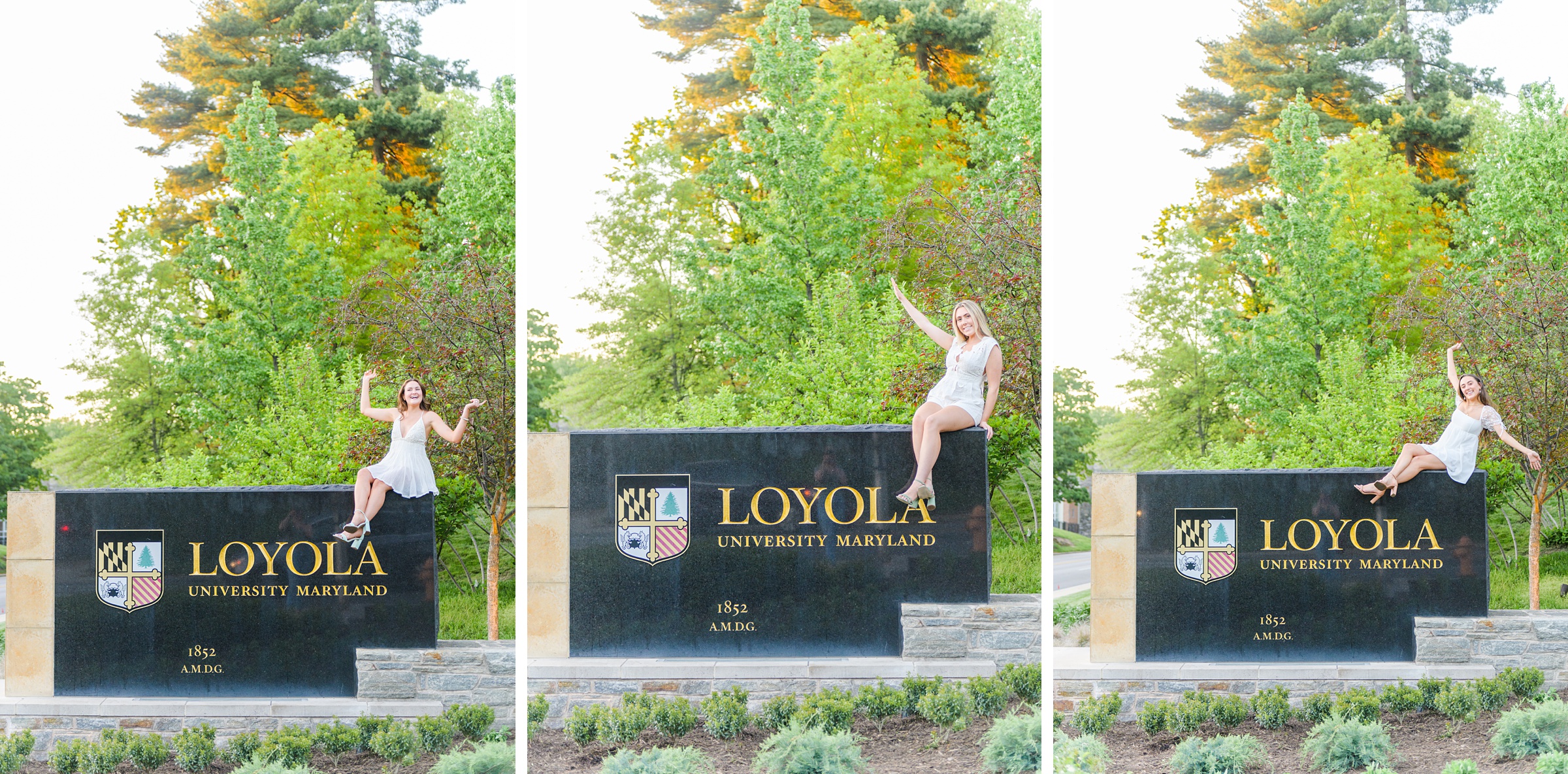 Loyola seniors pose on Loyola University Maryland's campus in graduation attire during Baltimore Grad Session photographed by Cait Kramer