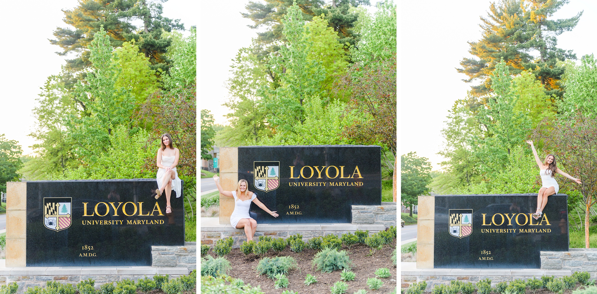 Loyola seniors pose on Loyola University Maryland's campus in graduation attire during Baltimore Grad Session photographed by Cait Kramer